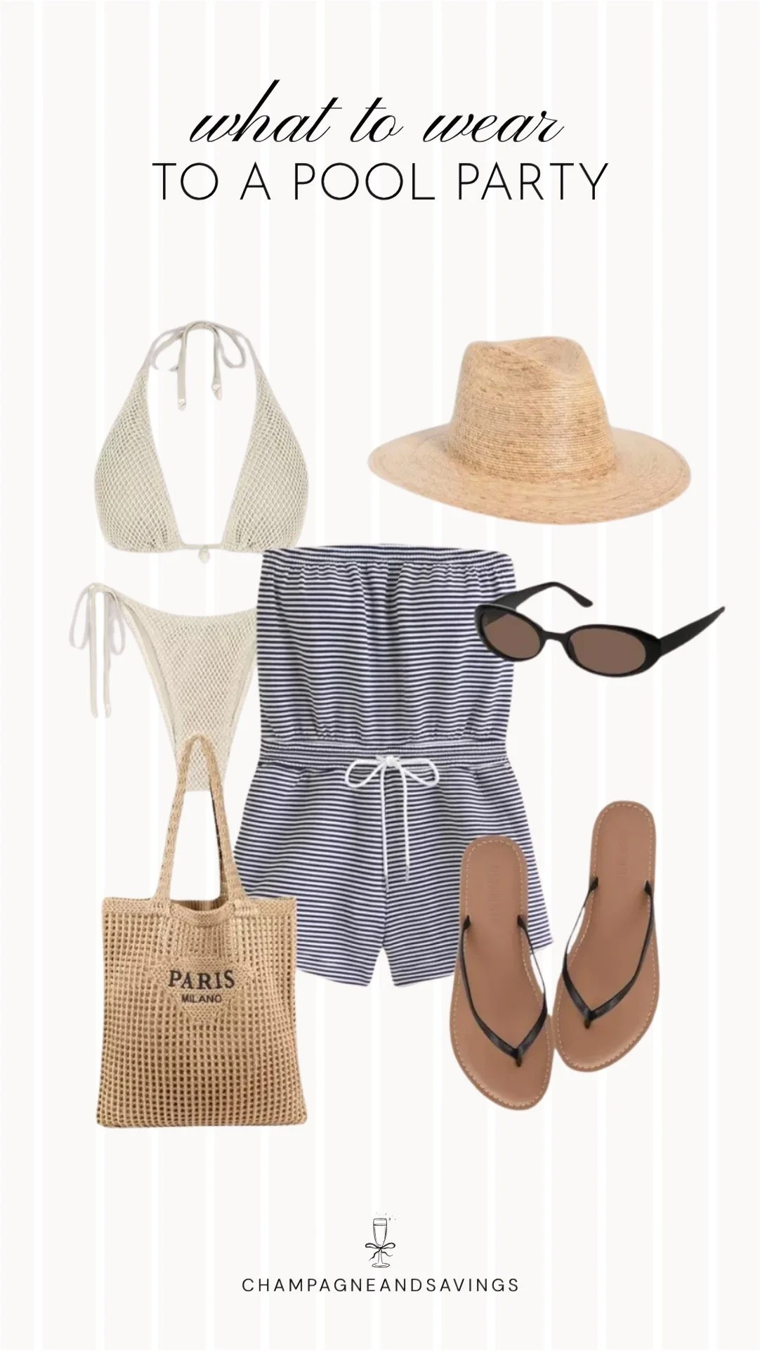 Collage of outfit pieces featuring a mesh bikini styled with a striped romper cover up for a trendy and elevated pool party outfit idea.