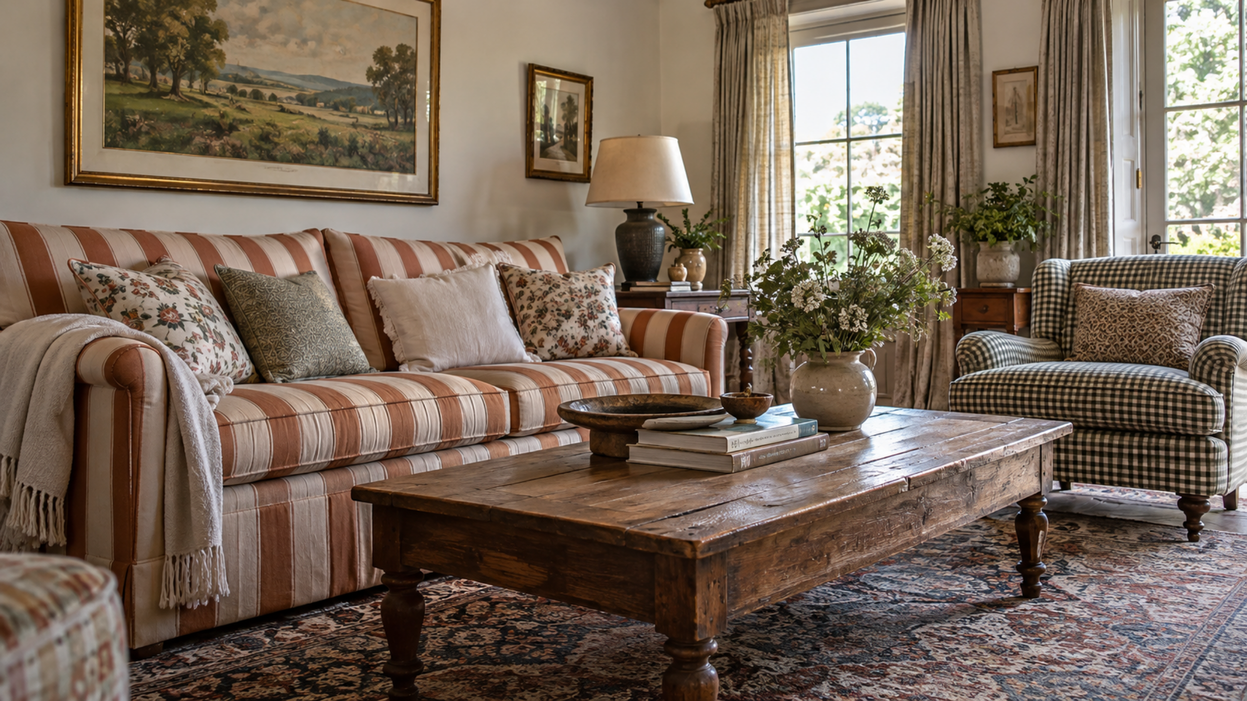 Stylish living room mixing striped upholstery, floral pillows, and a patterned vintage rug