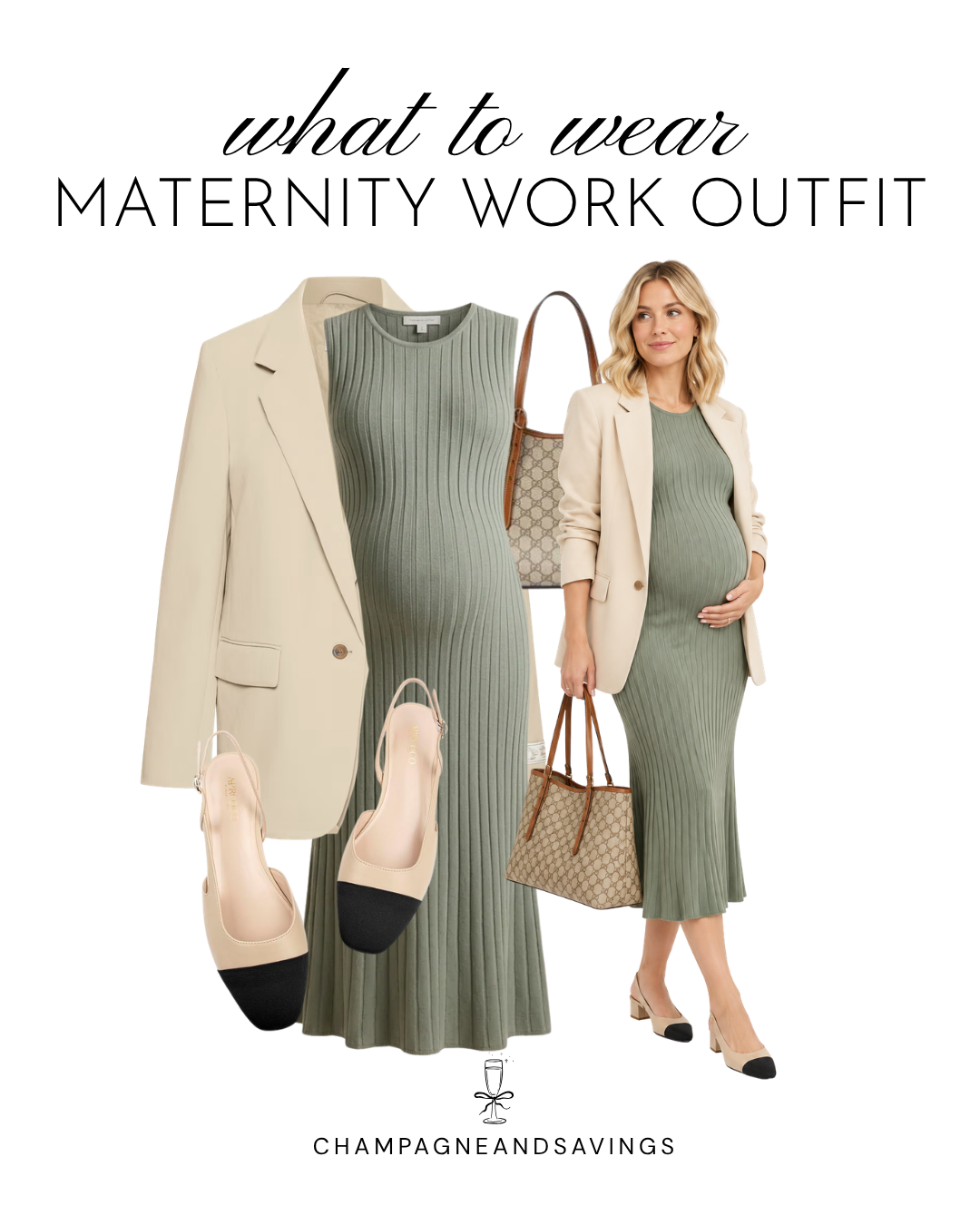 Maternity work outfit idea featuring a sage green dress paired with a cream blazer, shown in a collage of outfit pieces for a chic, comfortable, and professional pregnancy-friendly look.