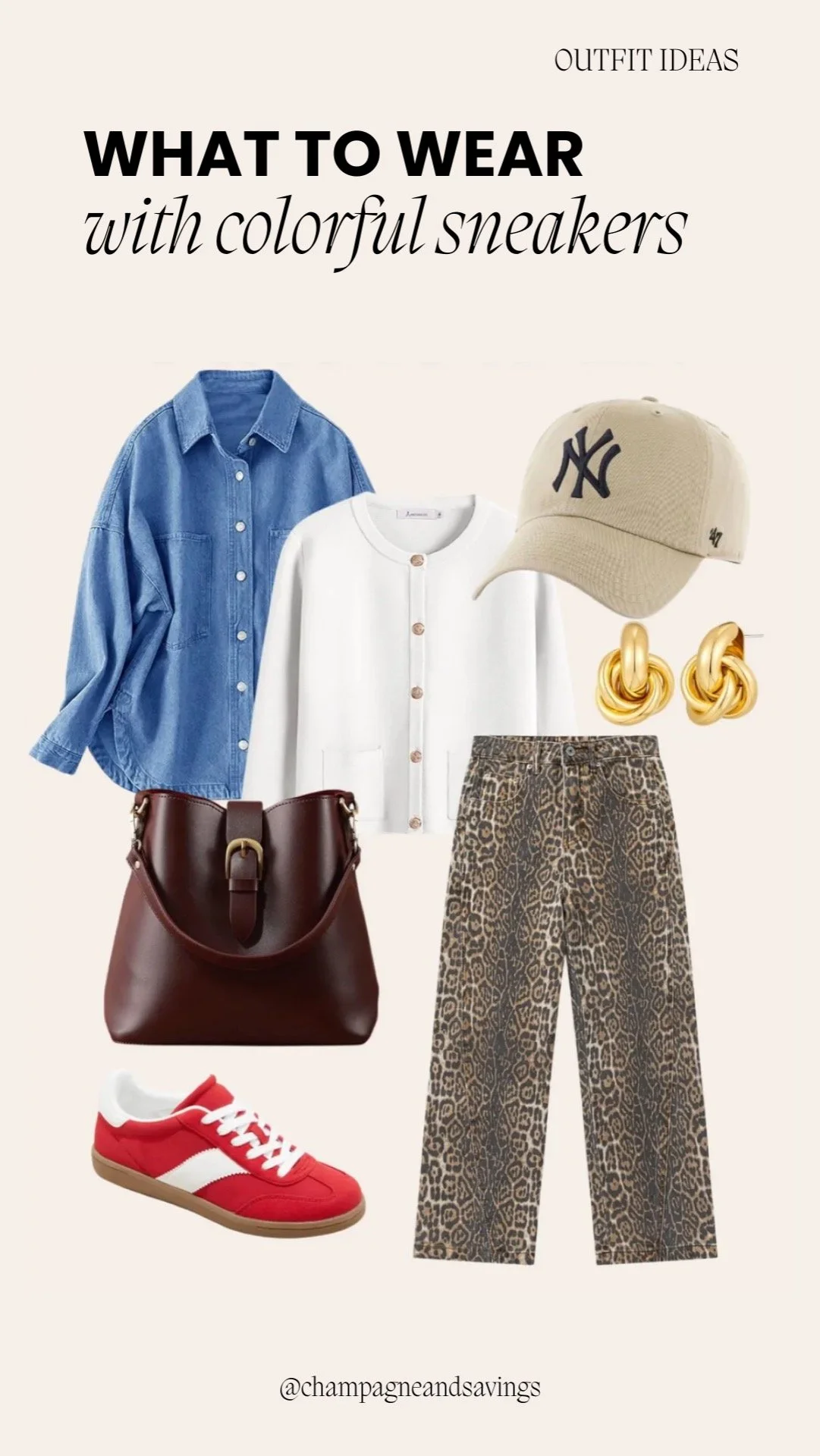 Outfit featuring colorful sneakers styled with printed jeans and a cardigan