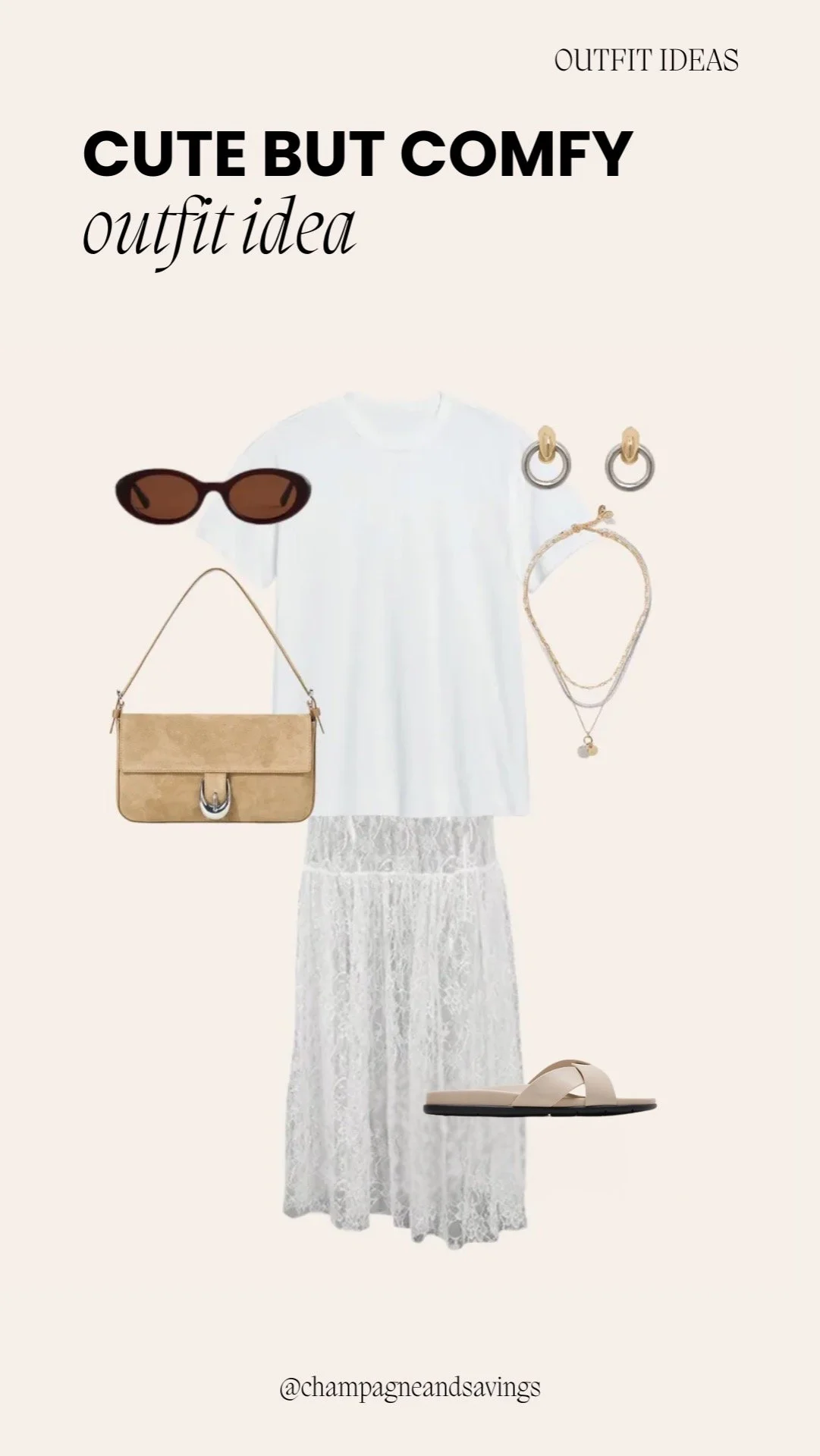 Outfit collage showing a cute and comfy outfit idea with an oversized tee and lace skirt.