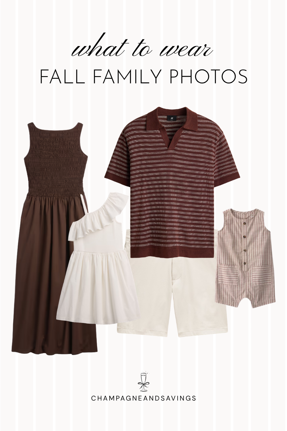 Collage of outfit pieces for a fall family photo color scheme featuring warm brown, soft ivory, and a touch of burgundy for a cozy, coordinated autumn look.