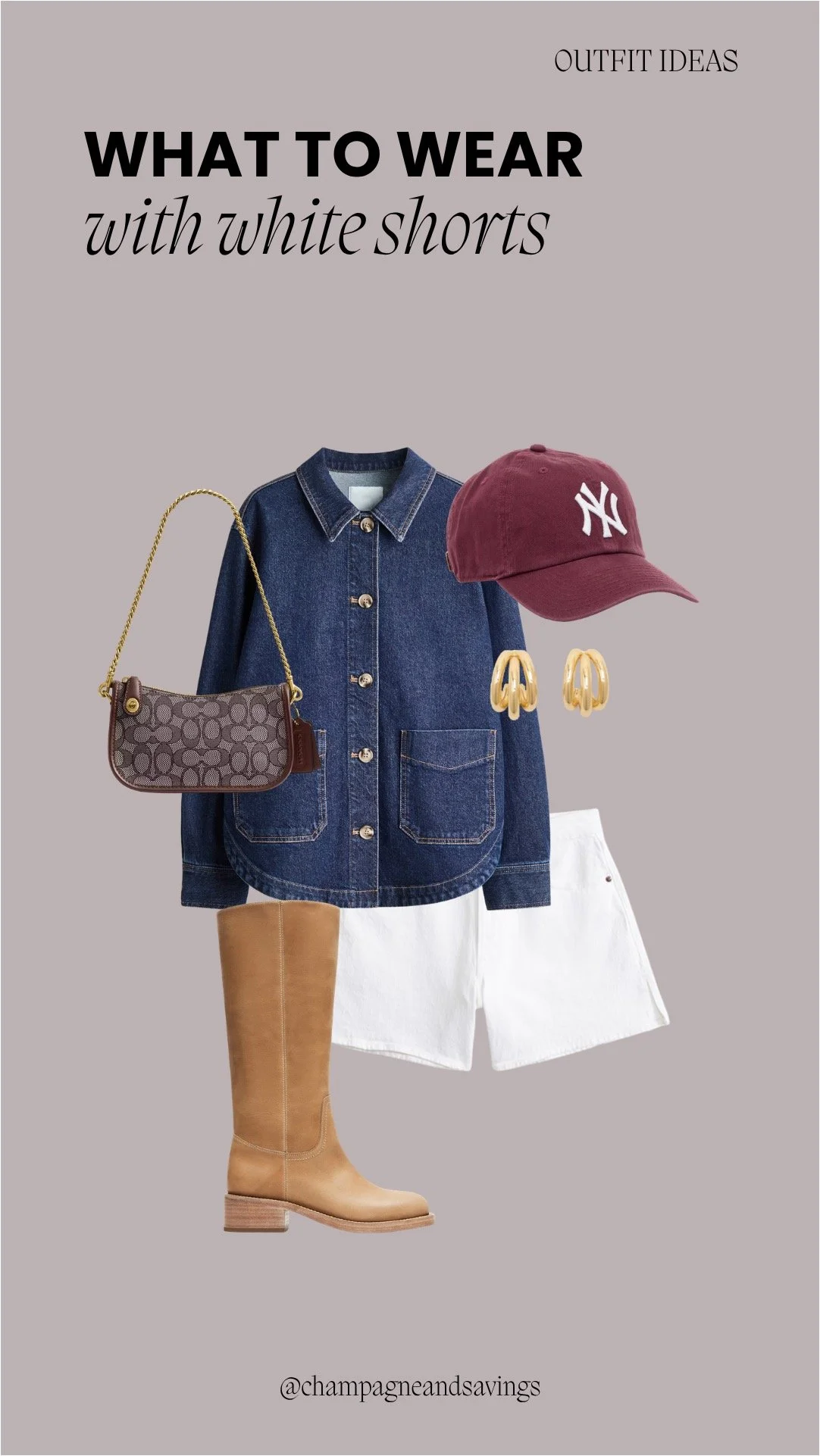 Collage of outfit pieces featuring white shorts styled with a denim shirt and tall boots for a stylish, casual-chic look.