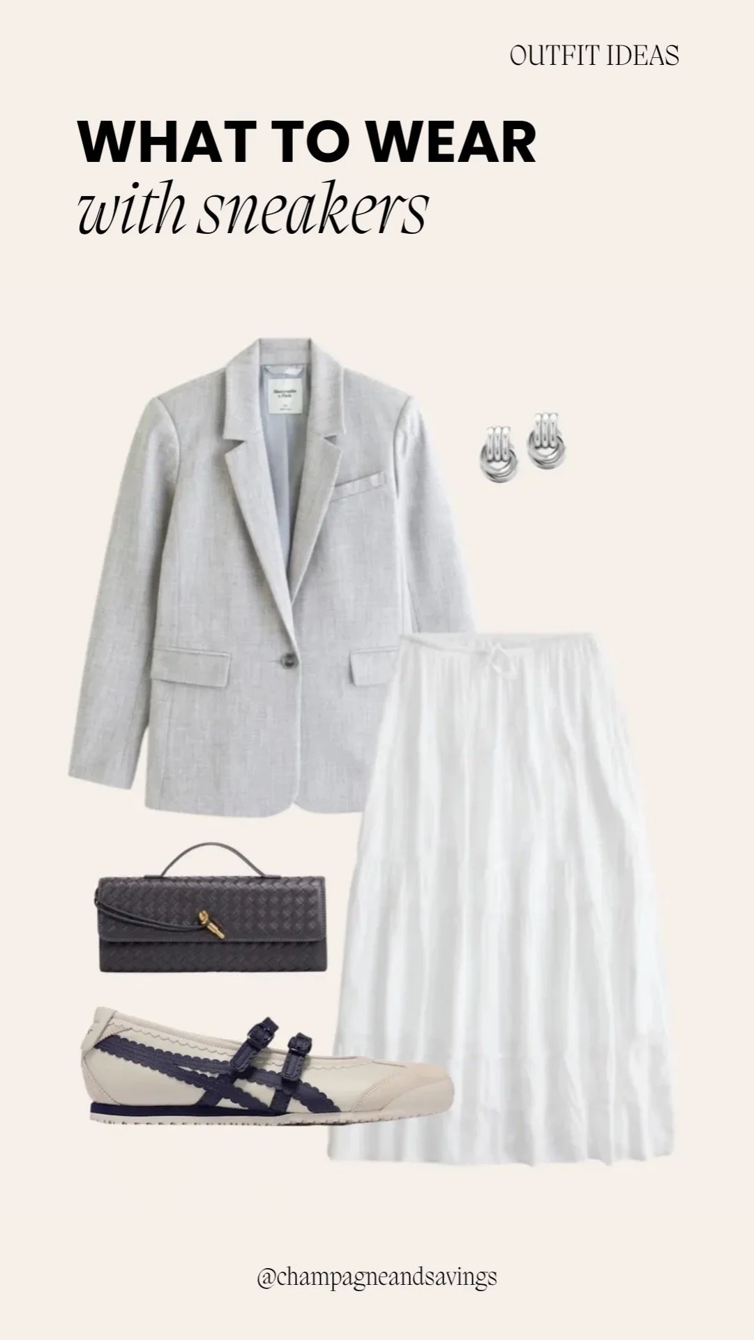 Collage showing a blazer paired with a soft white skirt and sneakers for a chic casual look.