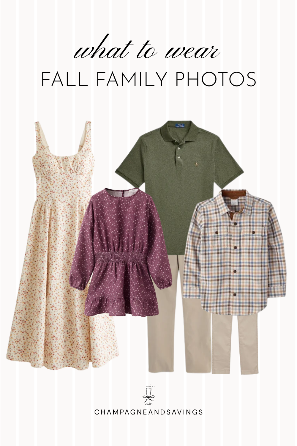 Collage of outfit pieces for a fall family photo color scheme featuring cream florals, olive green, and plaid accents for a warm, coordinated autumn look.