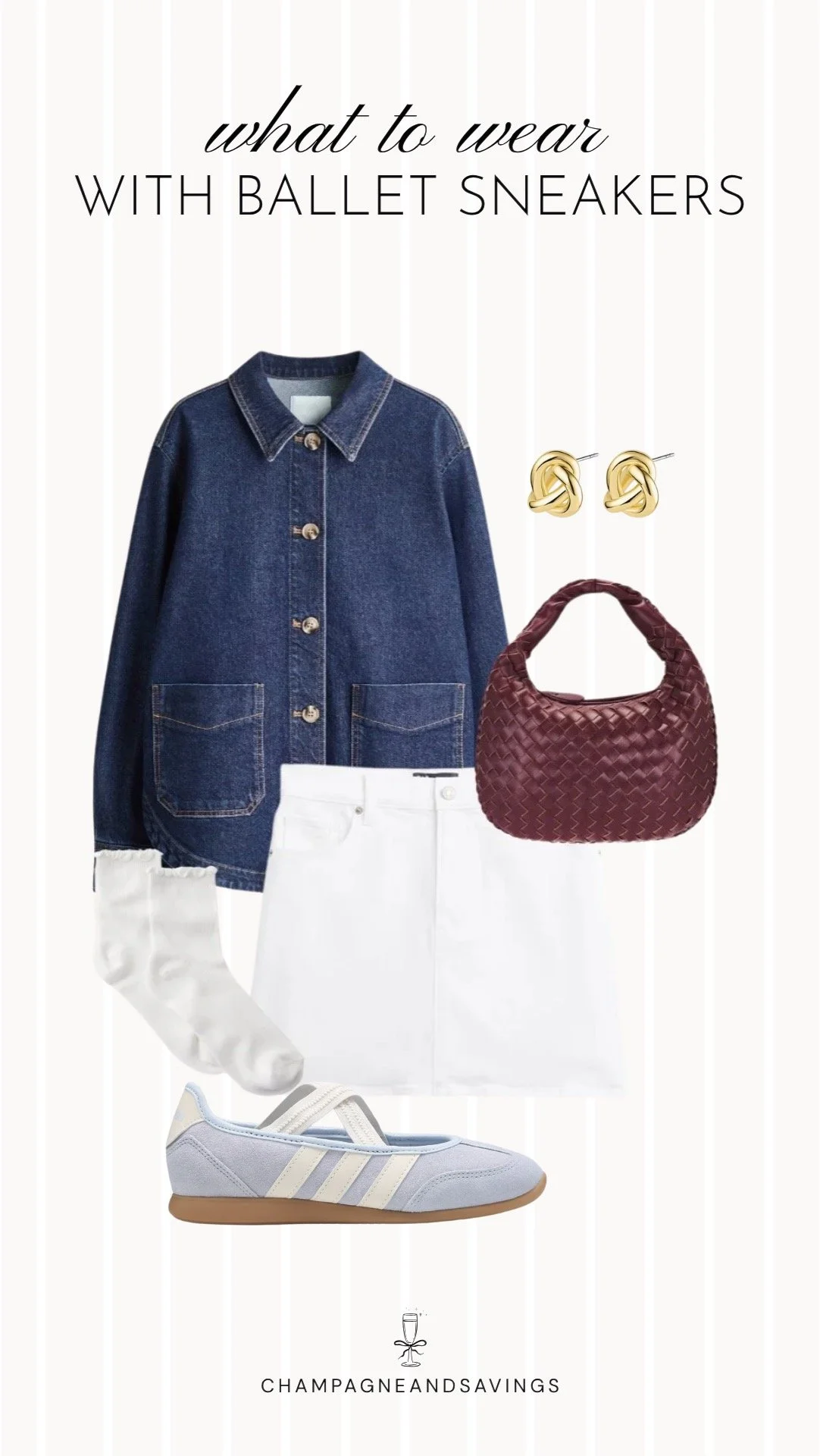 Collage of outfit pieces featuring ballet sneakers styled with a white mini skirt and a denim jacket for a casual and feminine outfit with a classic everyday feel.