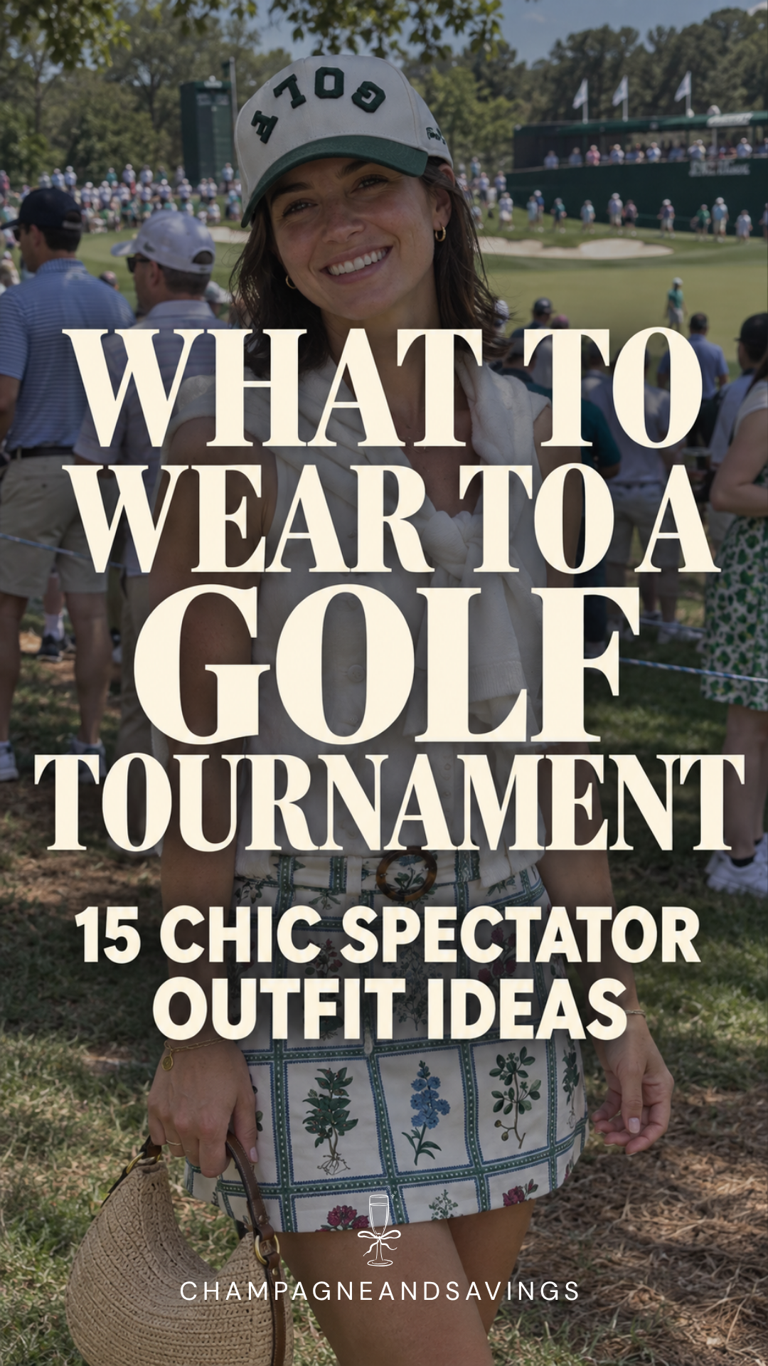 Image that says What to Wear to a Golf Tournament - 15 Chic Spectator Outfit Ideas and has a girl in a styled outfit in the background.