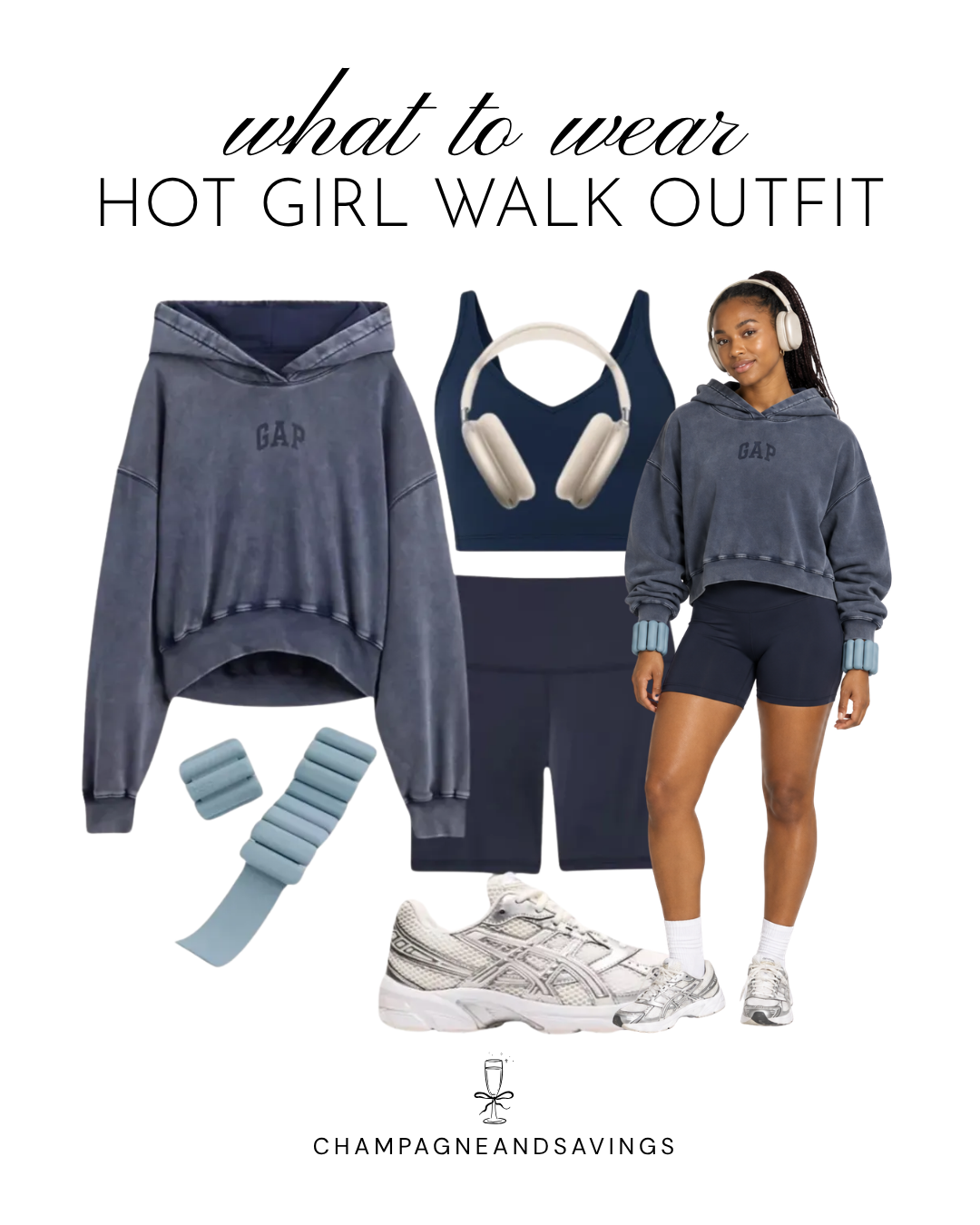 Hot girl walk outfit idea featuring an oversized hoodie paired with biker shorts, shown in a collage of outfit pieces for a cute and comfortable walking outfit.