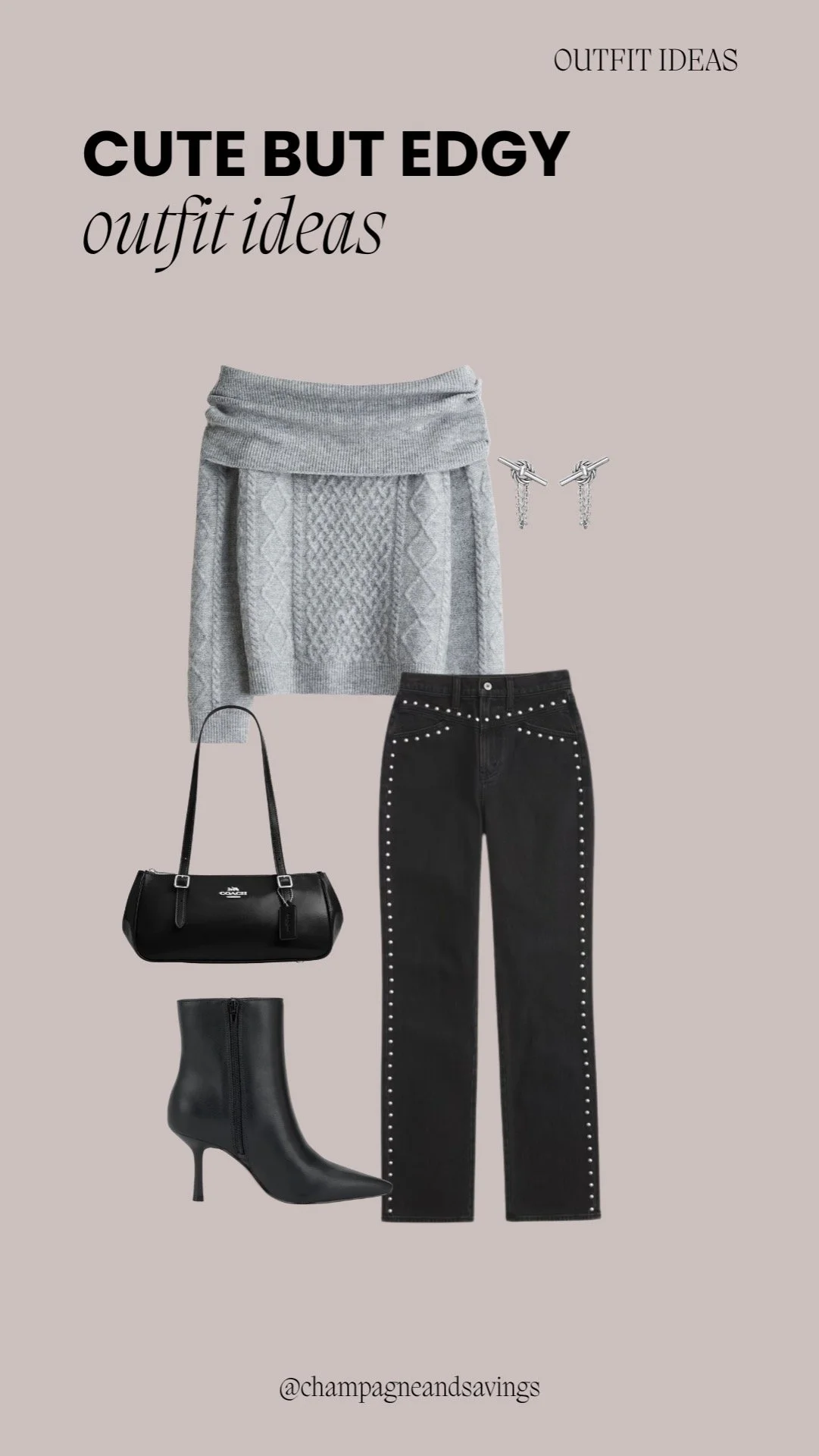 Off-shoulder knit top styled with studded jeans for a chic, edgy casual look.