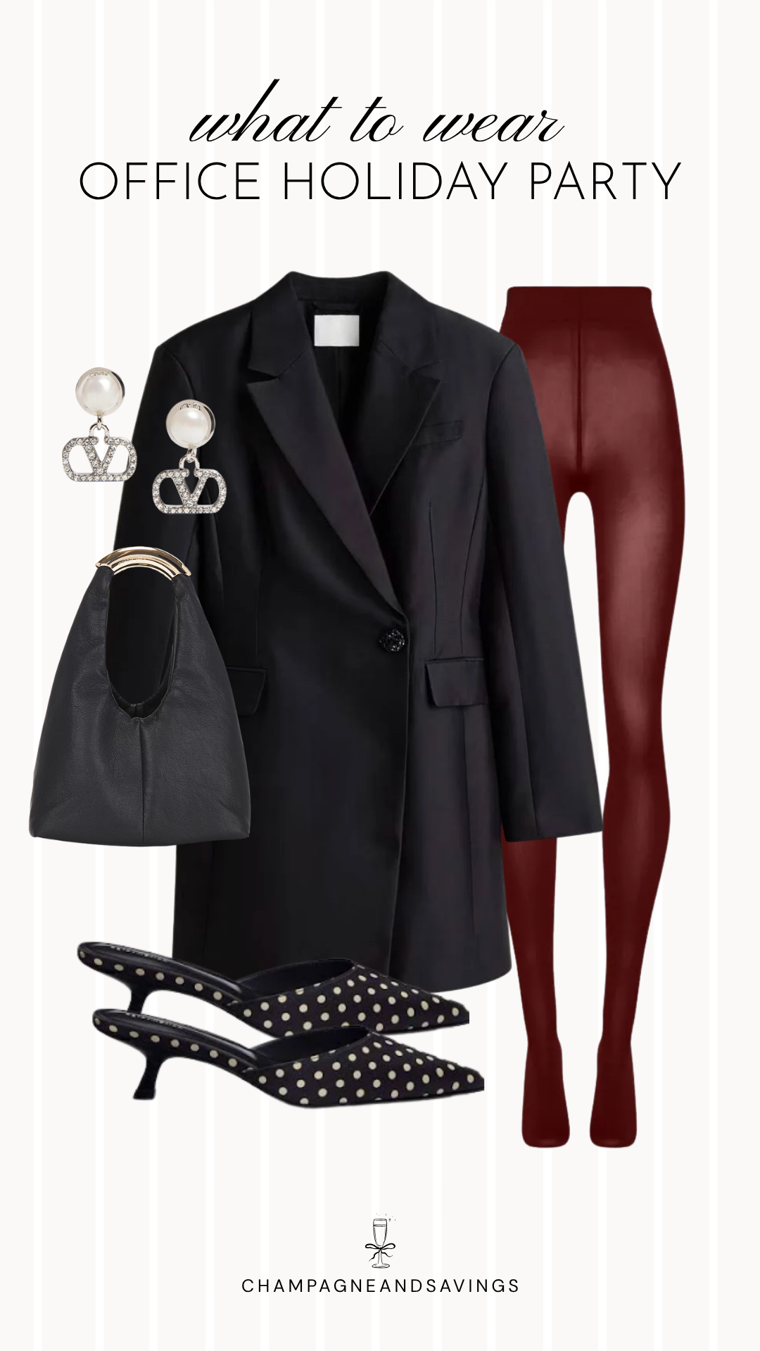 Work holiday party outfit idea featuring an oversized blazer styled with burgundy tights and coordinating outfit pieces for a chic, festive office party look.