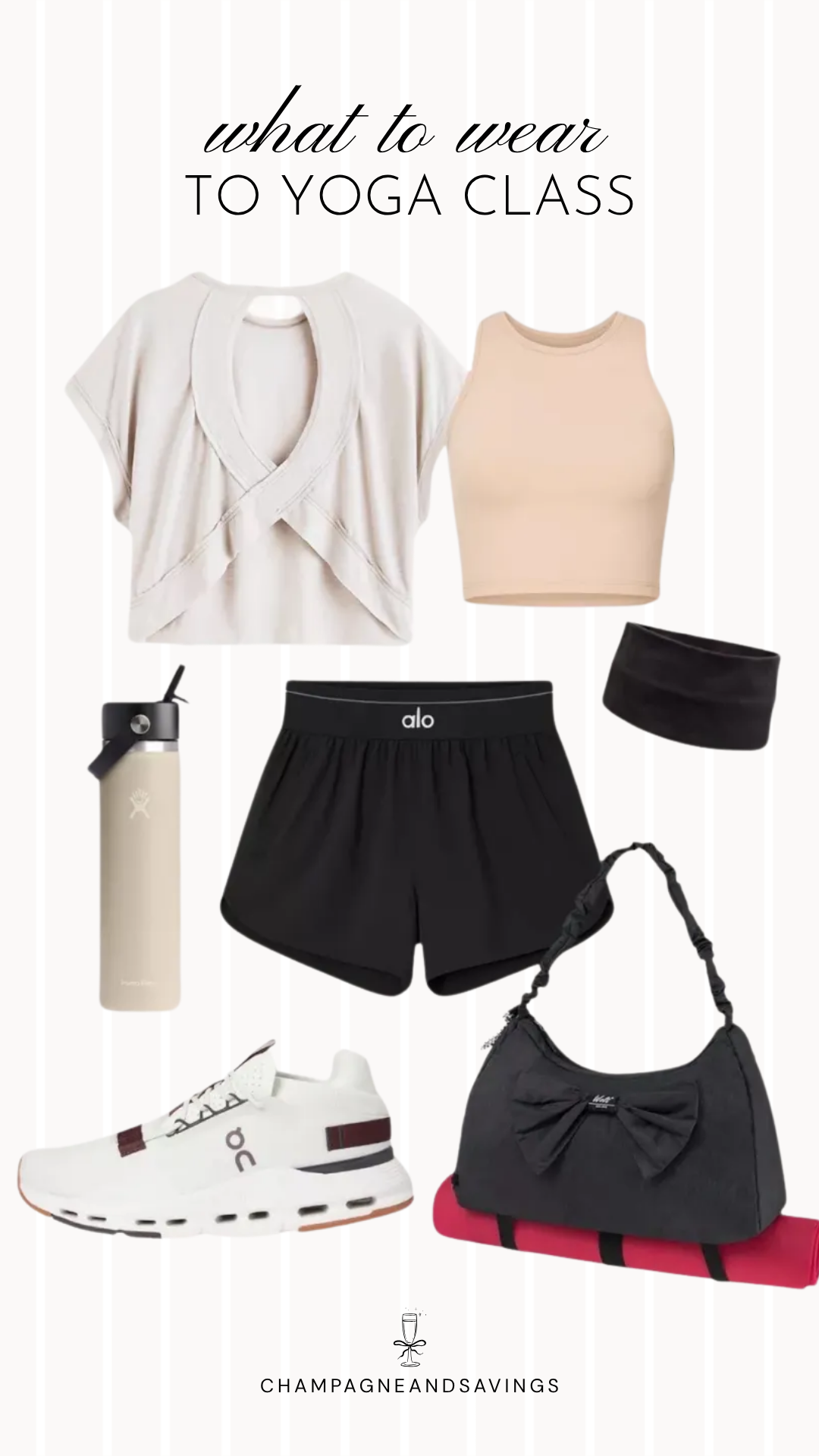 Collage of yoga outfit pieces featuring black workout shorts paired with a crossback athletic top layered over a nude tank, creating a comfortable and versatile outfit for yoga class, stretching, or low-impact workouts.