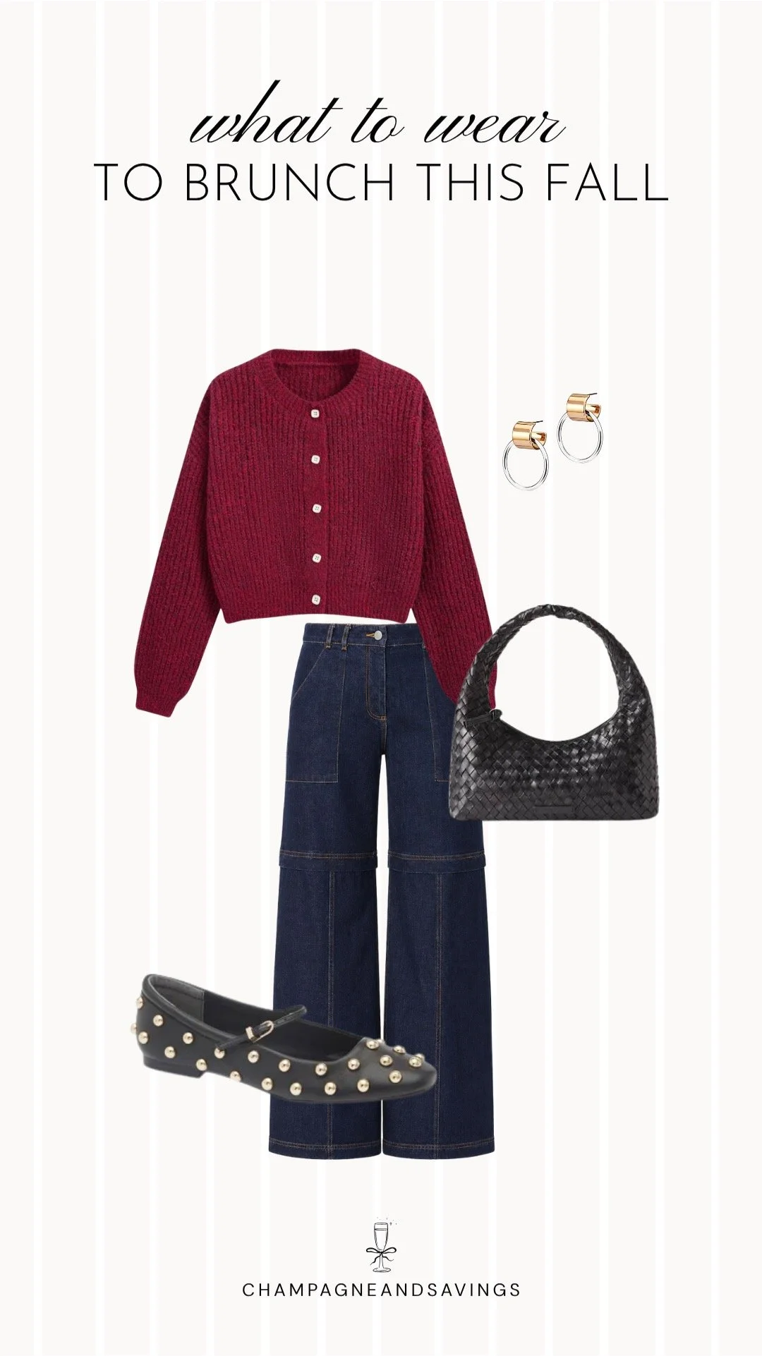 Collage of outfit pieces featuring a burgundy cardigan styled with wide leg jeans and studded flats for a cozy and chic fall brunch outfit idea.