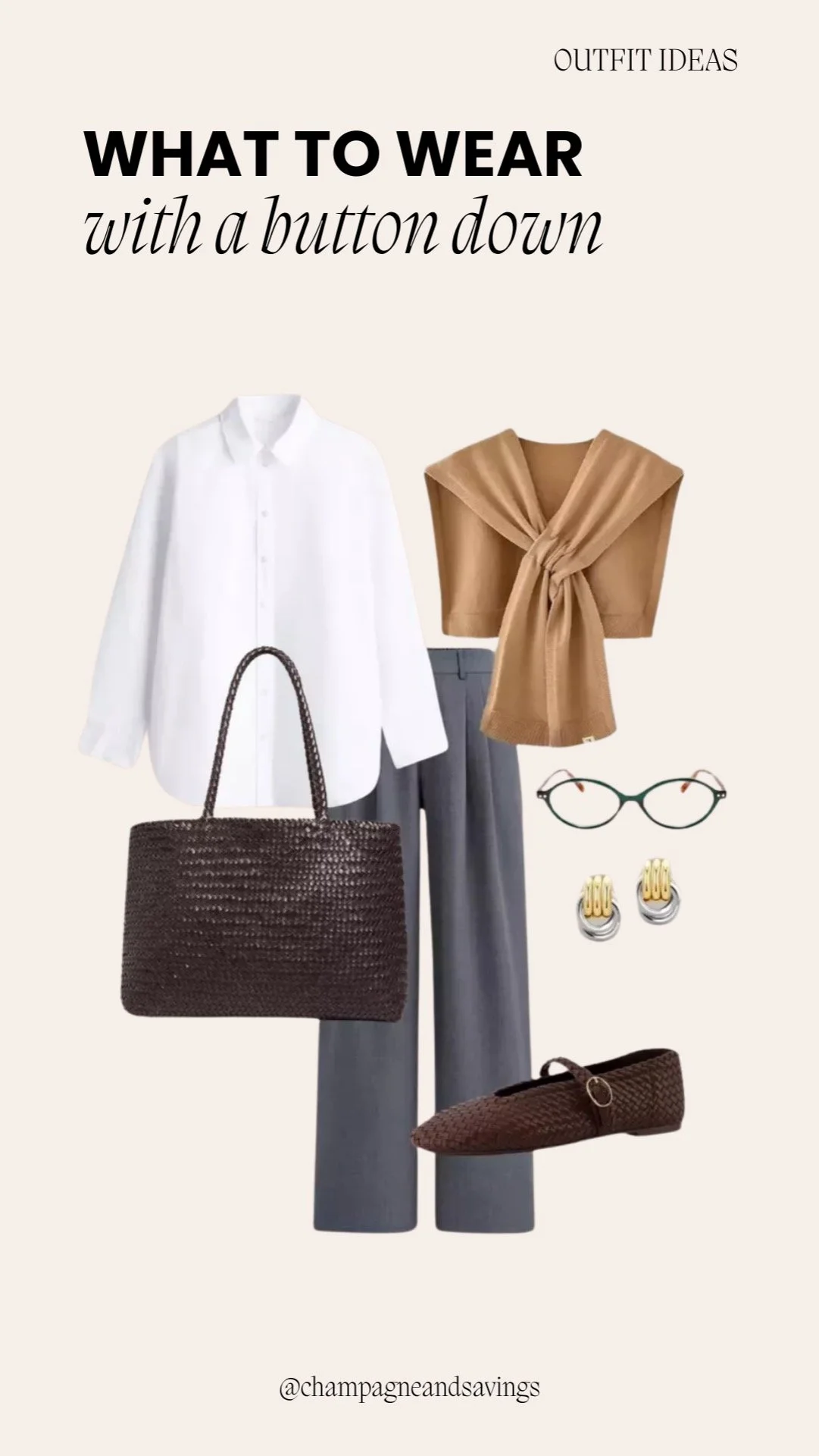 Button down shirt outfit idea featuring a shoulder sweater layered over a button-down shirt with wide-leg pants, shown in a collage of outfit pieces.
