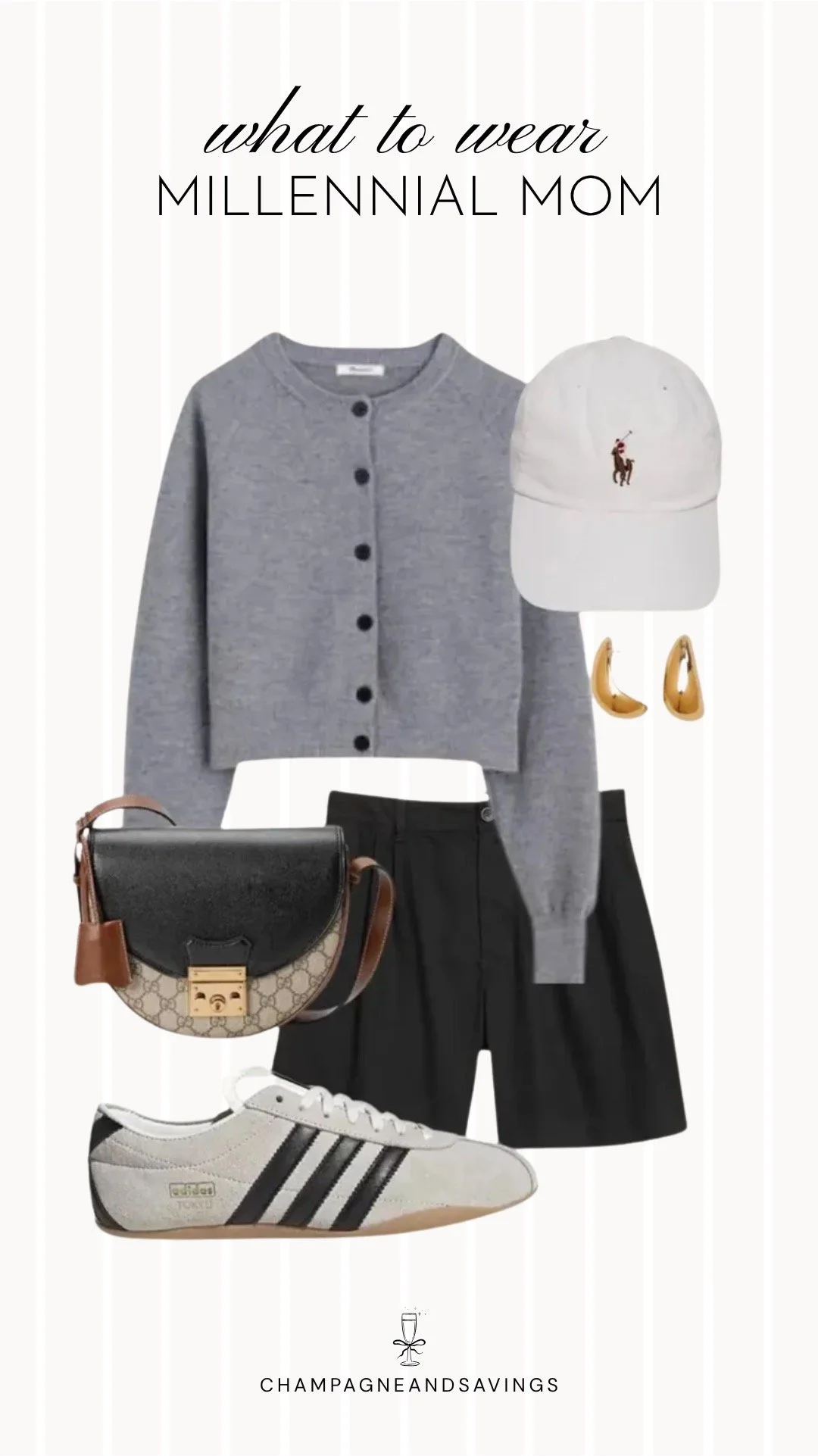 Collage of outfit pieces featuring a grey cardigan paired with tailored shorts and sneakers for a polished yet comfortable millennial mom outfit.