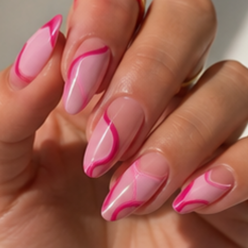 Pink manicure idea featuring pink swirls.