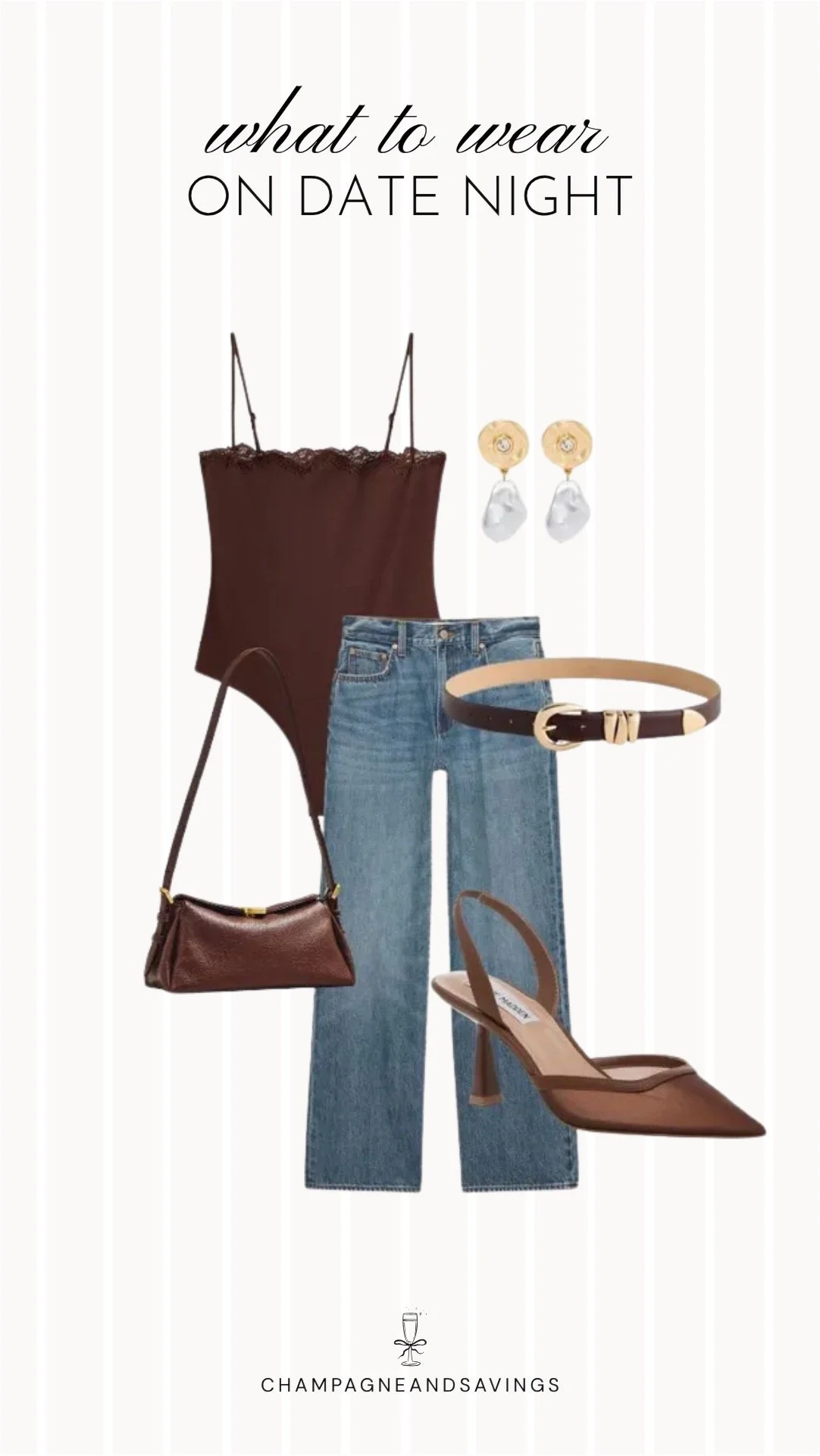Collage of outfit pieces featuring a brown lace bodysuit styled with jeans and slingback heels for a chic and elevated fall date night outfit idea.