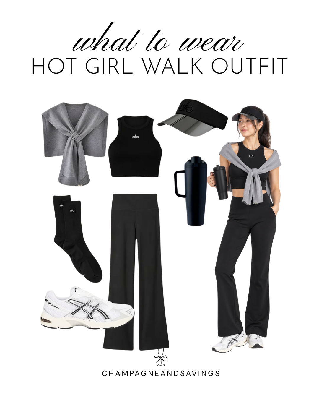Hot girl walk outfit idea featuring an all-black athleisure look with sporty accessories, shown in a collage of outfit pieces for a cute and comfortable walking outfit.