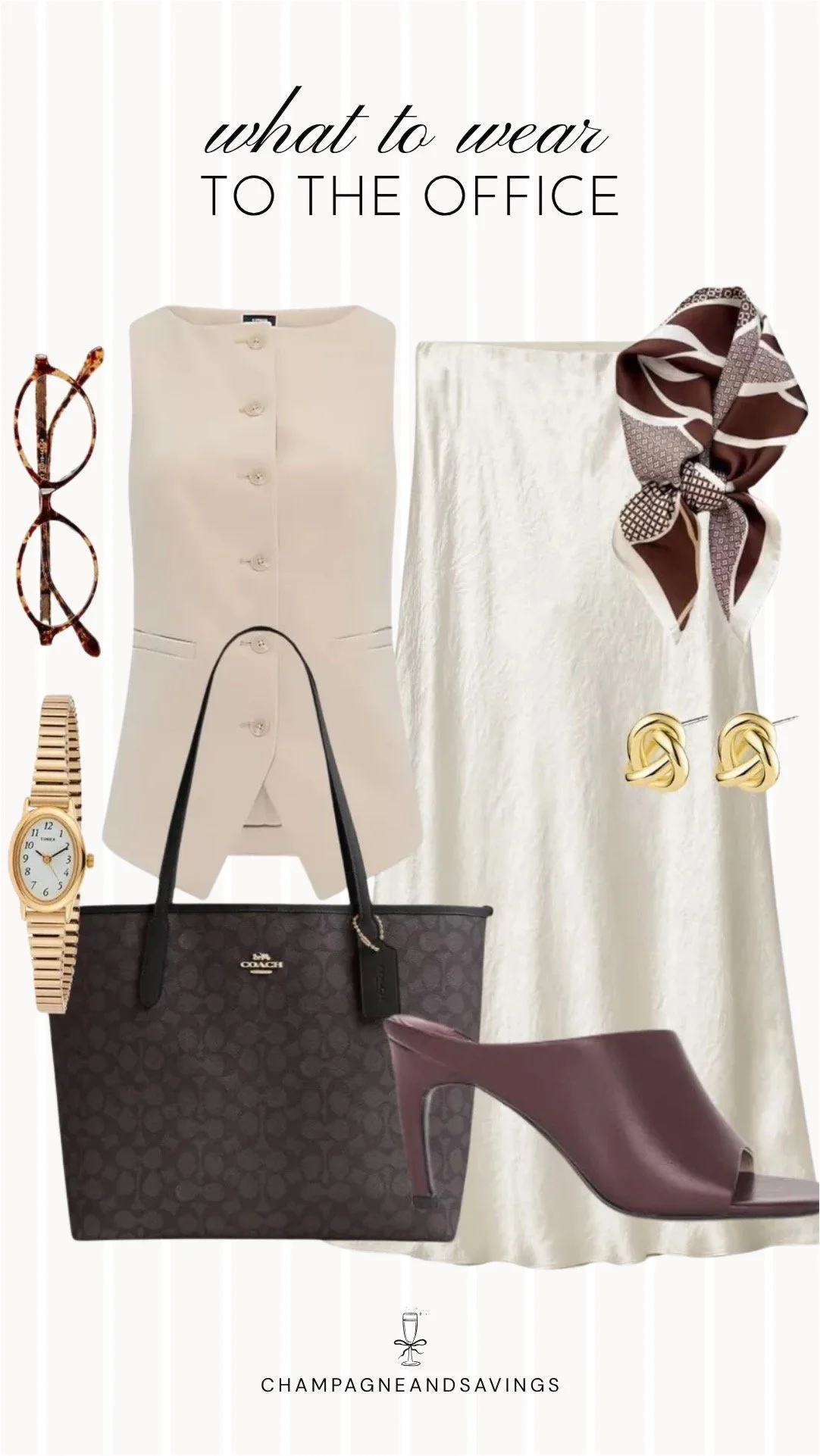 Collage of outfit pieces featuring a cream vest paired with a satin skirt and mules for an elegant outfit that blends polished and feminine style.