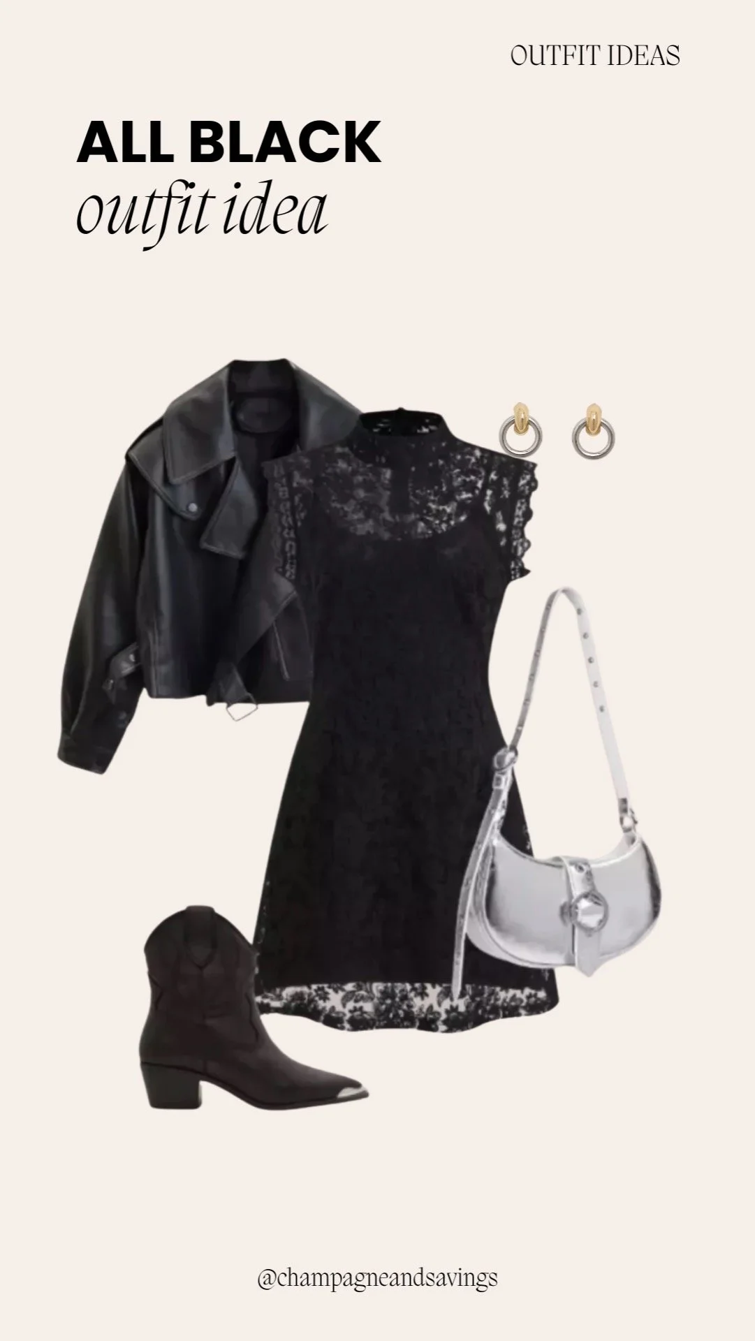 Outfit collage showing a cute and comfy all-black outfit idea with a lace mini dress and leather jacket.
