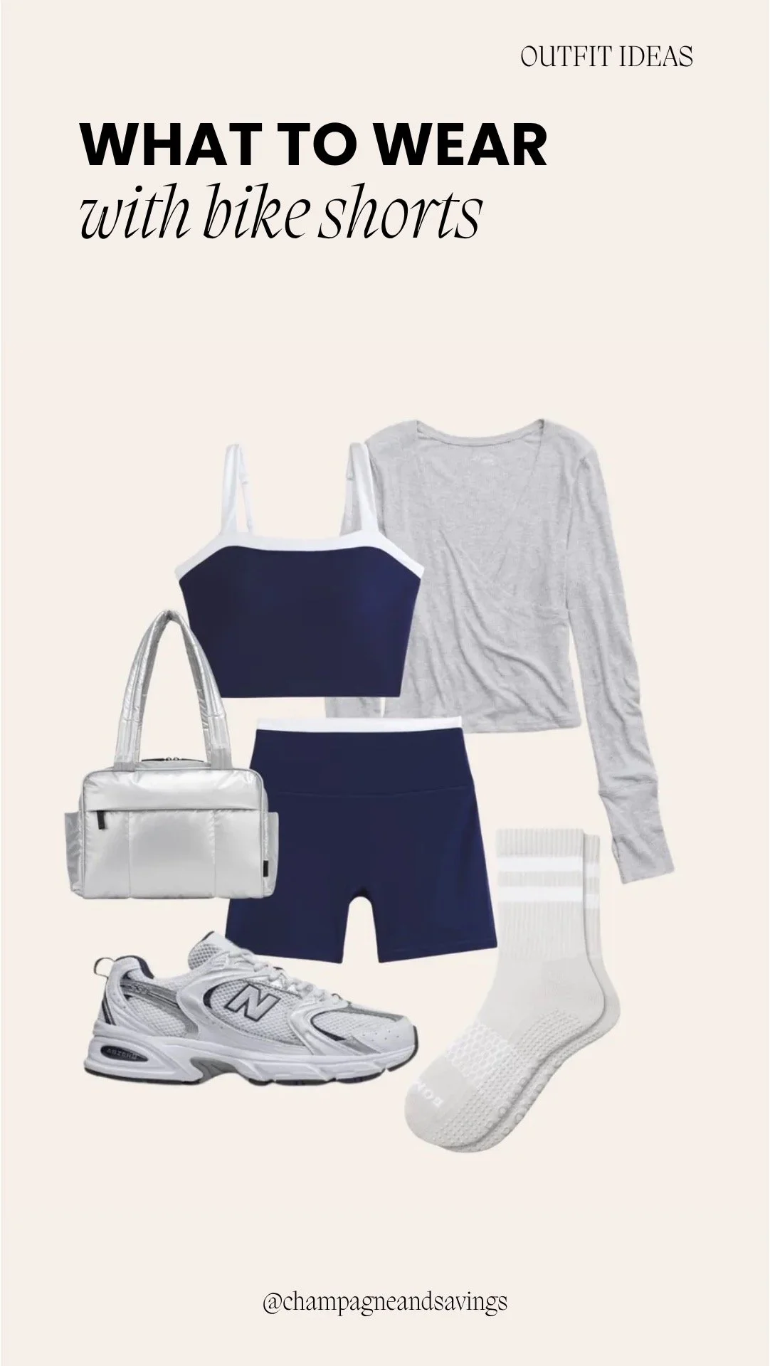 collage of bike shorts outfit idea featuring black bike shorts styled with a wrap long sleeve top and silver sneakers, including outfit pieces arranged on a clean background