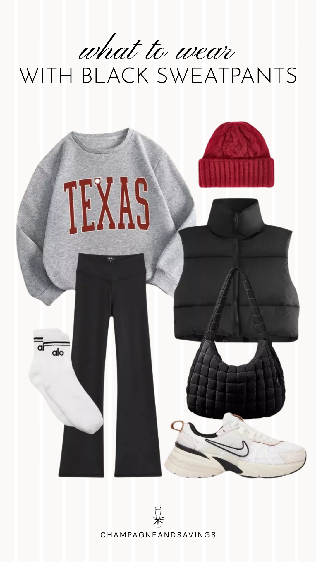 Black sweatpants outfit idea collage featuring a graphic sweatshirt layered with a puffer vest and styled with black sweatpants and a beanie for a cozy, casual look.