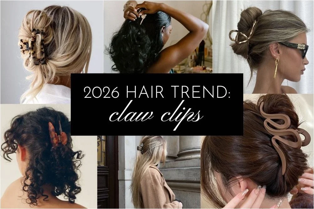 collage of the 2026 hair trend: claw clips