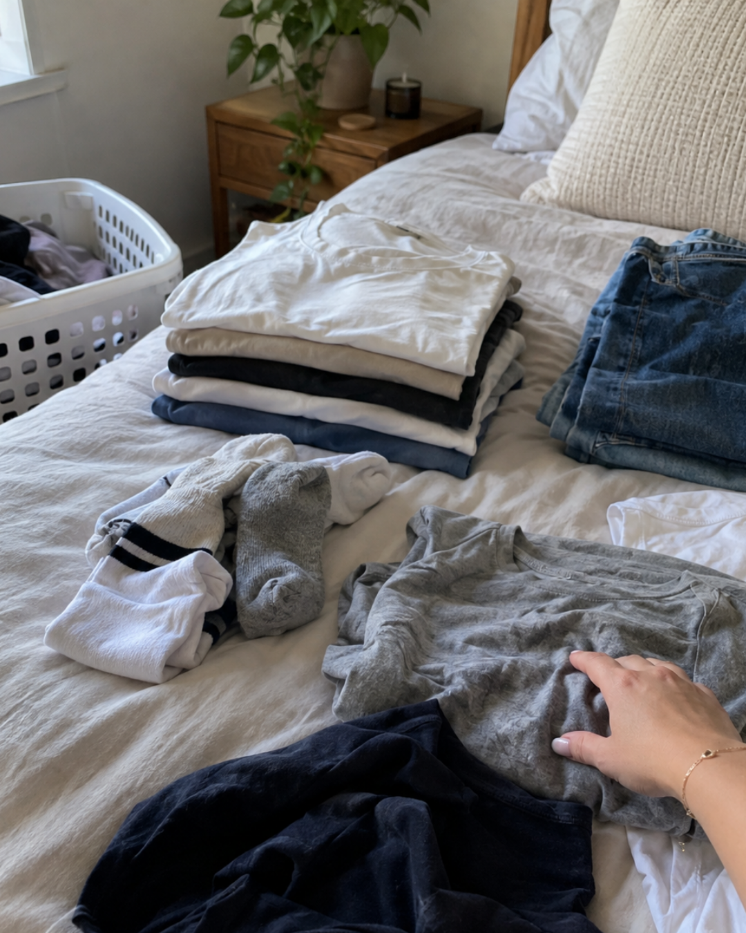 Freshly washed clothes being folded in a bright laundry space