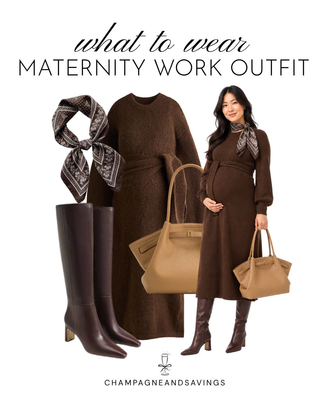 Maternity work outfit idea featuring a chocolate brown sweater dress paired with tall boots, shown in a collage of outfit pieces for a chic, comfortable, and professional pregnancy-friendly look.