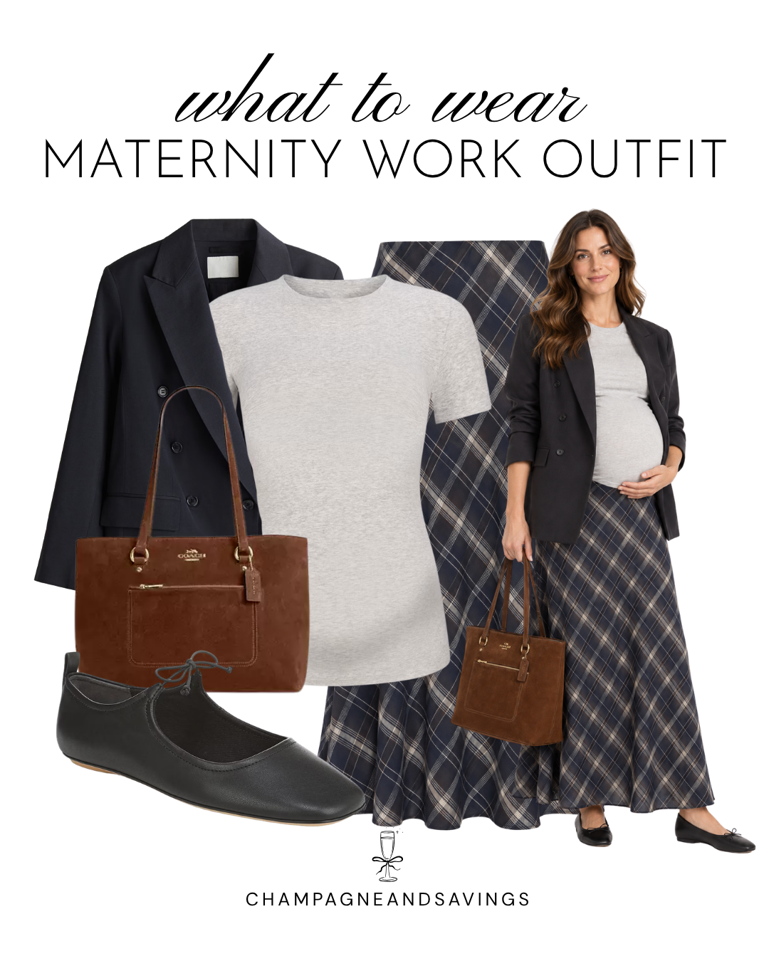Maternity work outfit idea featuring a plaid maxi skirt paired with a blazer, shown in a collage of outfit pieces for a chic, professional pregnancy-friendly look.