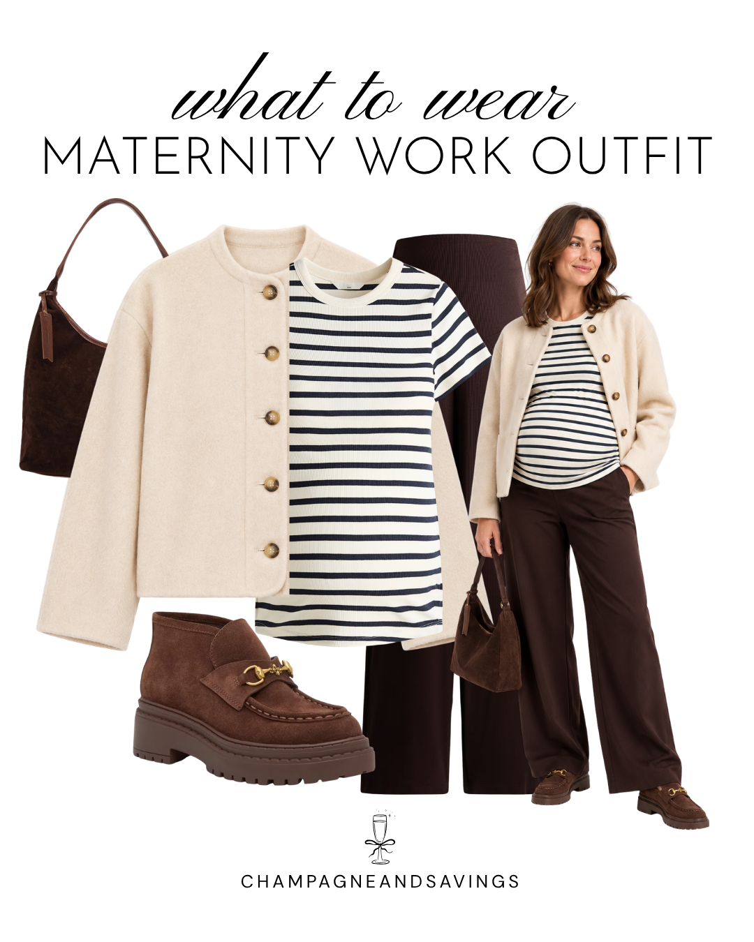 Maternity work outfit idea featuring a striped tee paired with chocolate brown pants, shown in a collage of outfit pieces for a chic, comfortable, and professional pregnancy-friendly look.