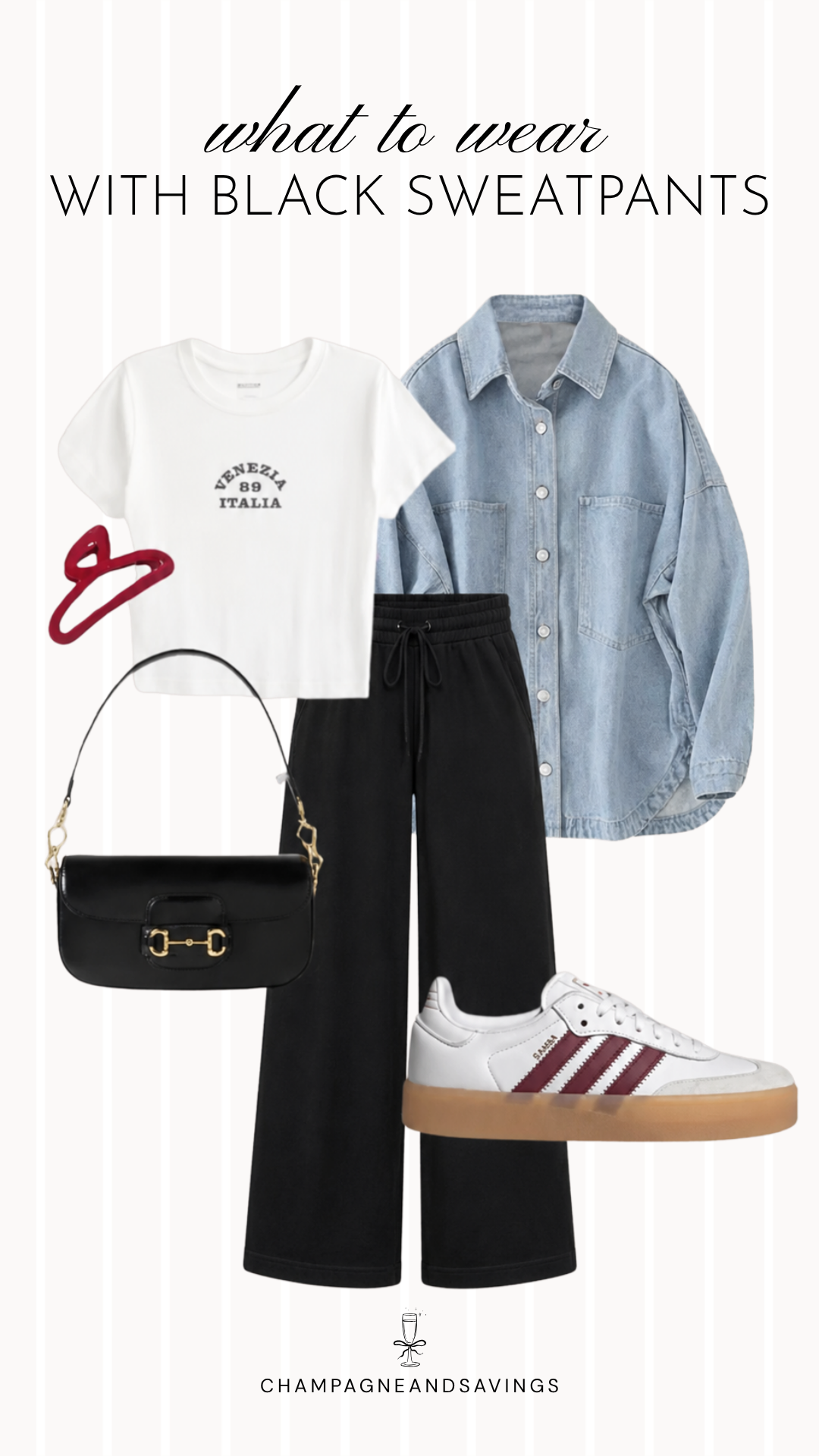 Black sweatpants outfit idea collage featuring a graphic tee layered with a denim overshirt and black wide leg sweatpants for a casual everyday look.