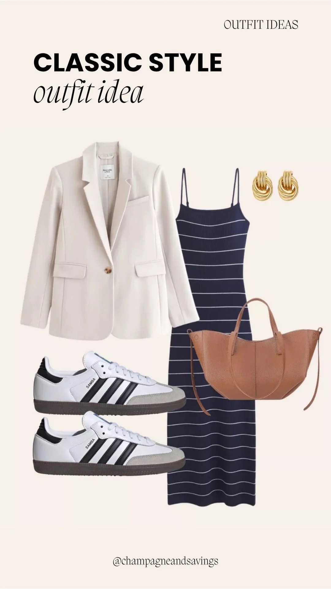 Image of a classic outfit collage featuring a cream blazer layered over a navy striped midi dress with sneakers styled together with coordinating accessories arranged as outfit pieces