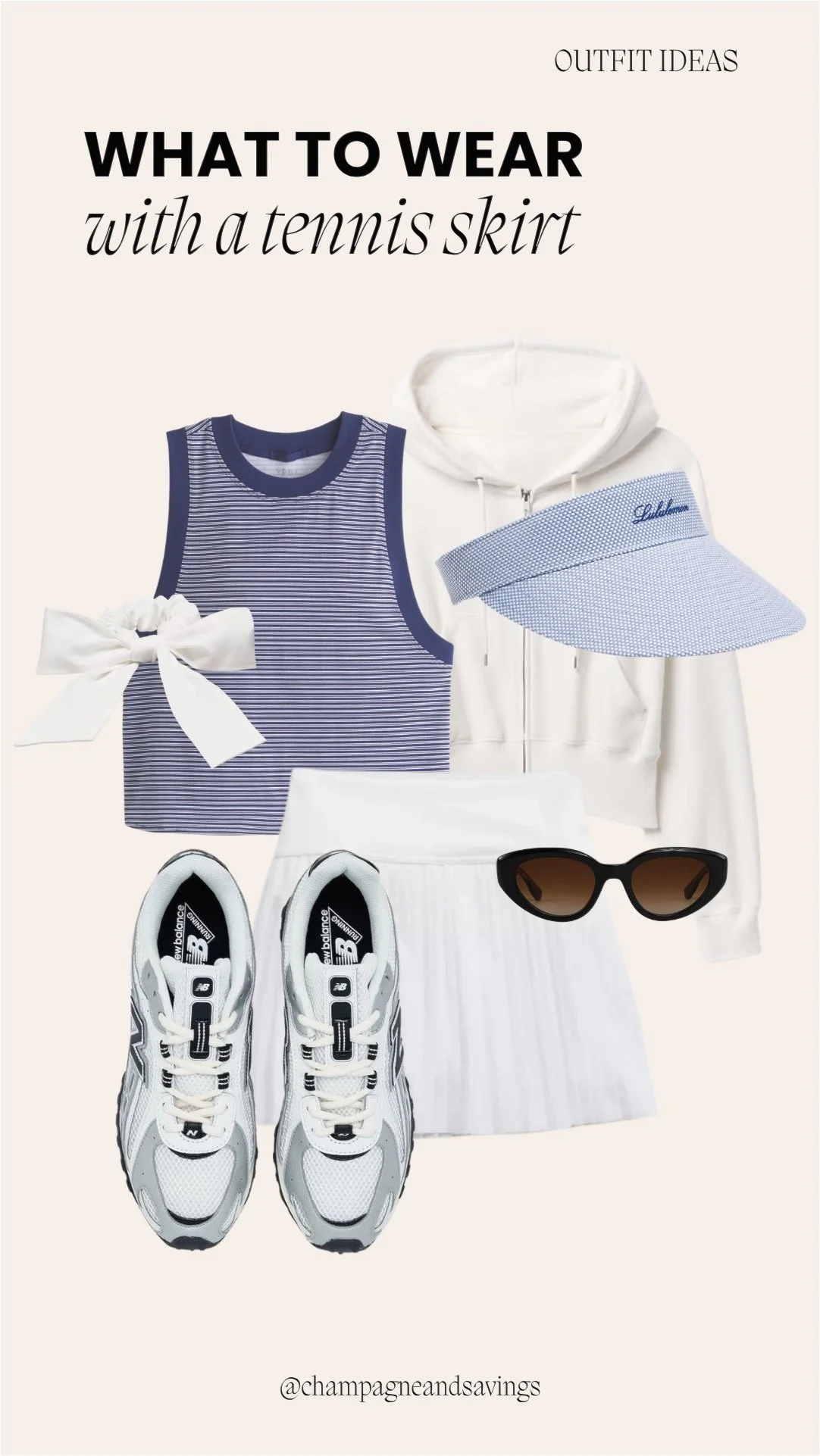 Tennis skirt outfit collage featuring a pleated tennis skirt styled with a striped tank and a zip hoodie for a laid-back, sporty look.