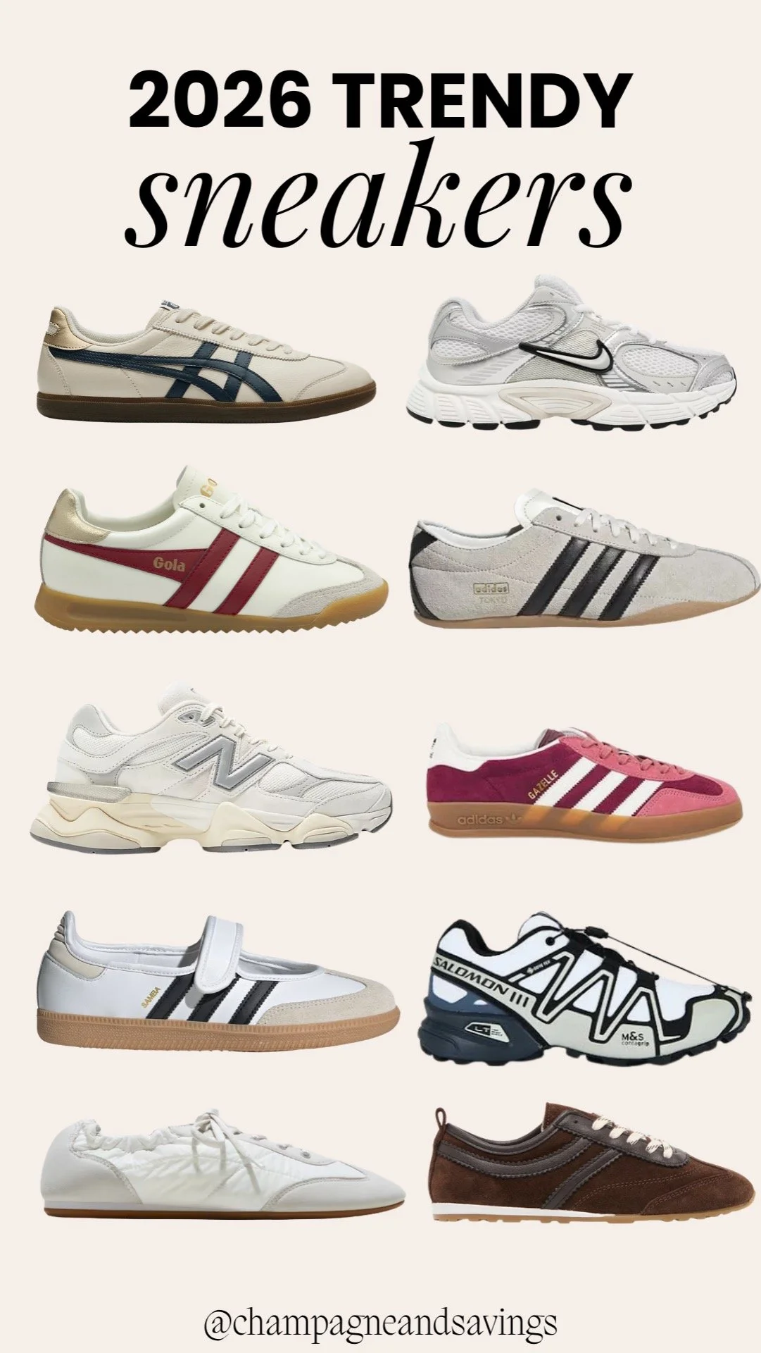 2026 women’s trendy sneakers collage with multiple stylish sneaker looks.