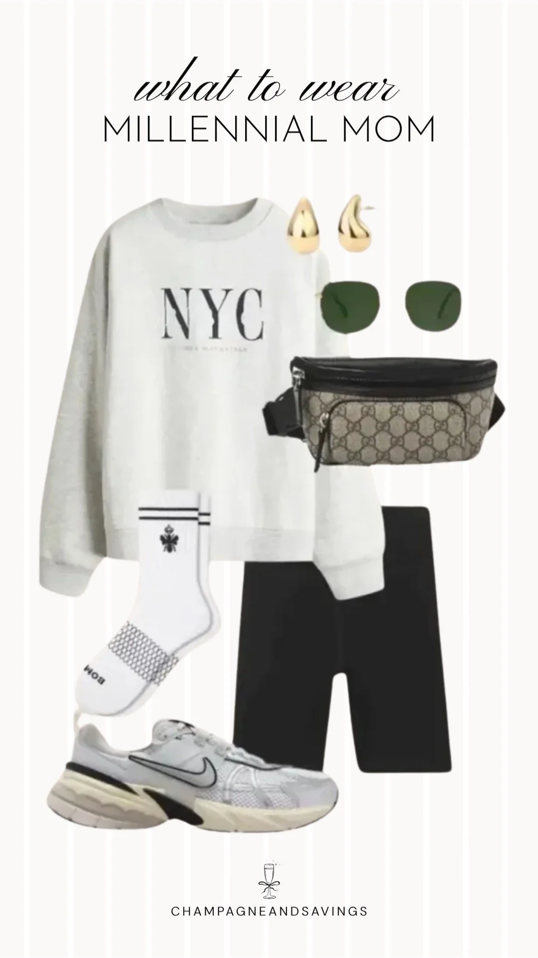 Collage of outfit pieces featuring a graphic sweatshirt paired with biker shorts and sneakers for a sporty, comfortable, and casual millennial mom outfit.