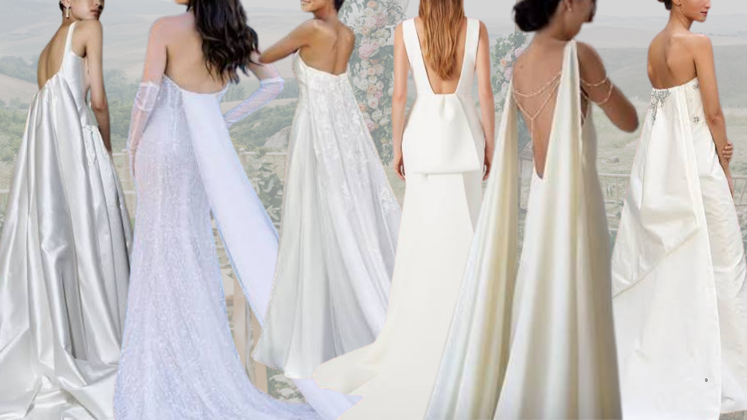 Collage of trending wedding gowns for 2027 featuring watteau trains.