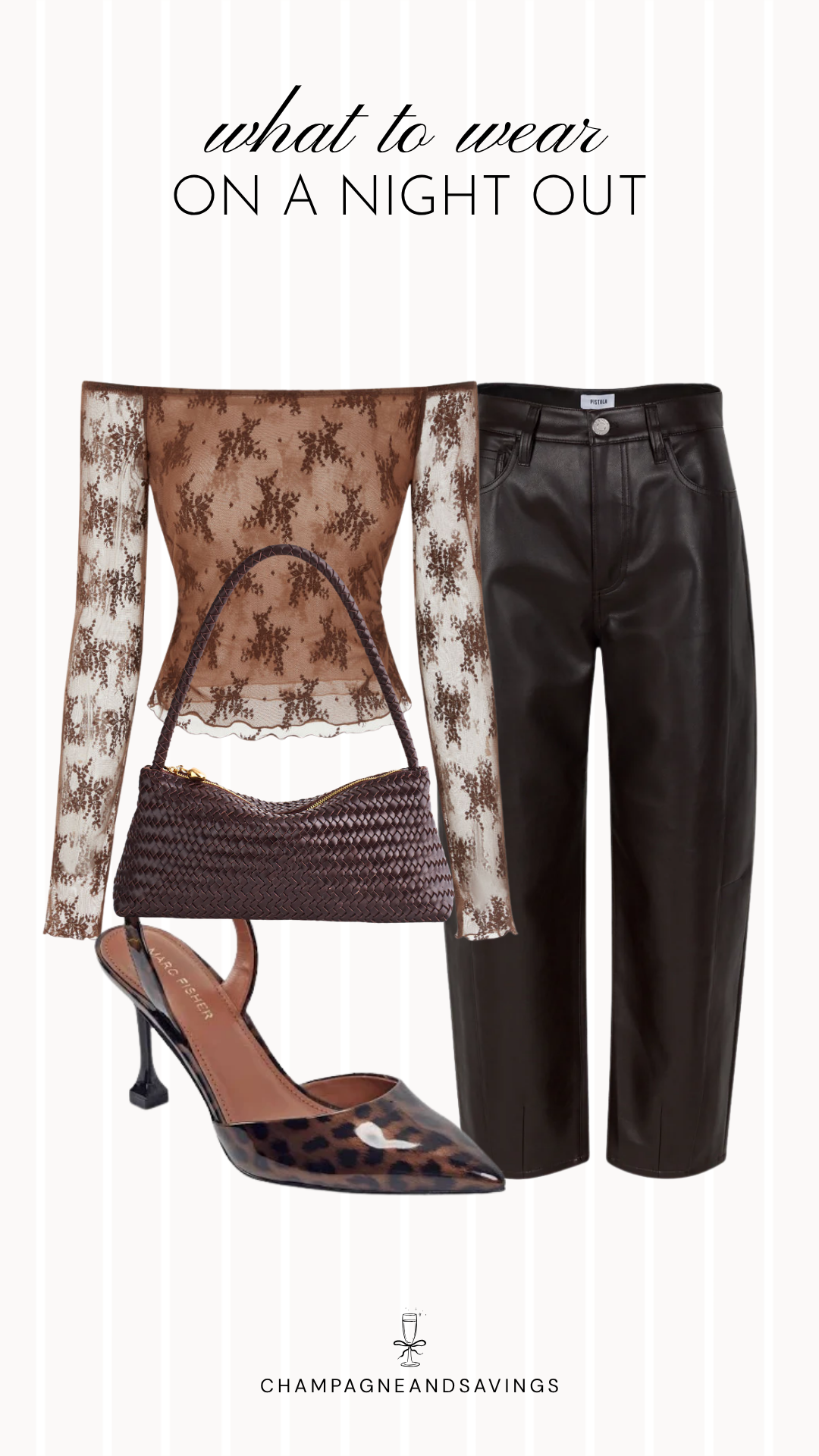 Fall going out outfit idea featuring a lace top with faux leather pants and leopard heels, styled in a collage of outfit pieces for a chic autumn night out look.