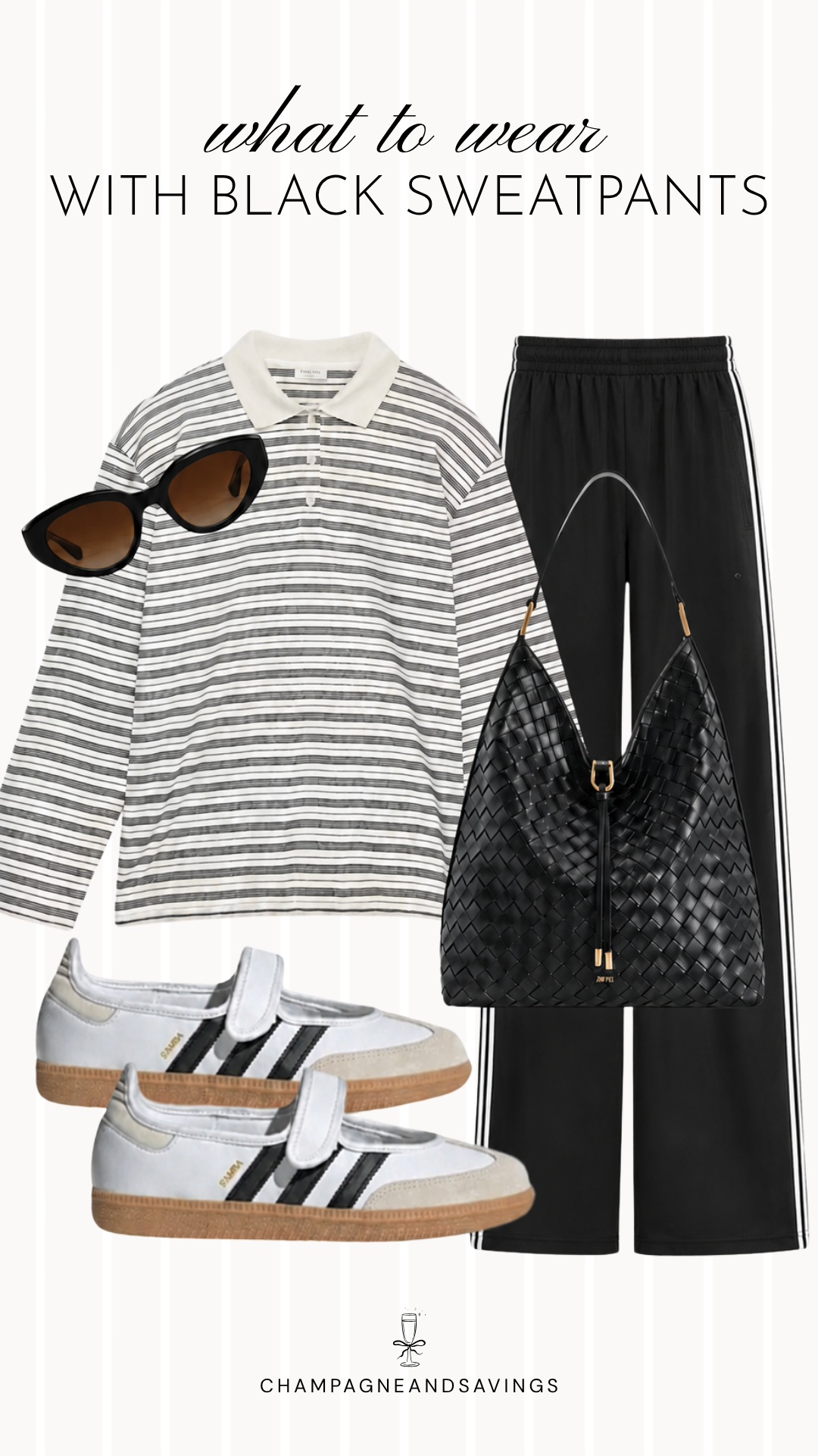 Black sweatpants outfit idea collage featuring a striped polo with black track pants and a woven bag for a casual, sporty look.