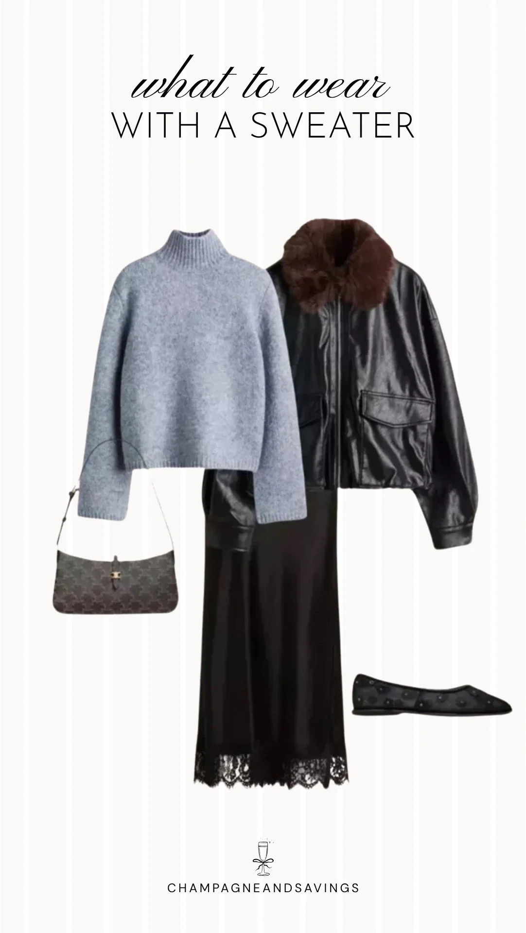 Collage of outfit pieces featuring a cropped sweater styled with a slip skirt and bomber jacket for a chic and edgy sweater outfit idea.