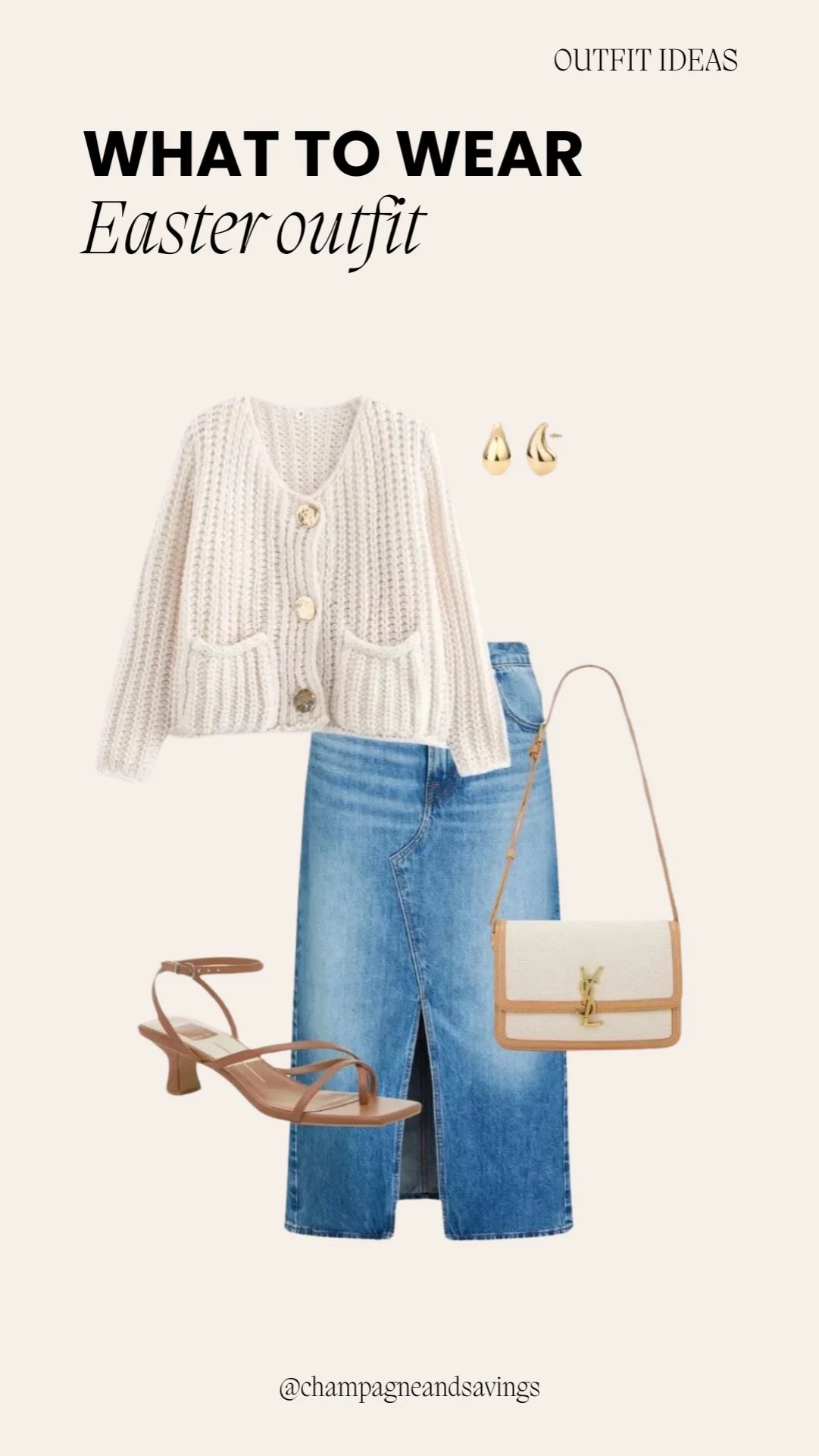 Easter outfit ideas collage showing a chunky knit cardigan paired with a denim midi skirt and coordinating accessories.