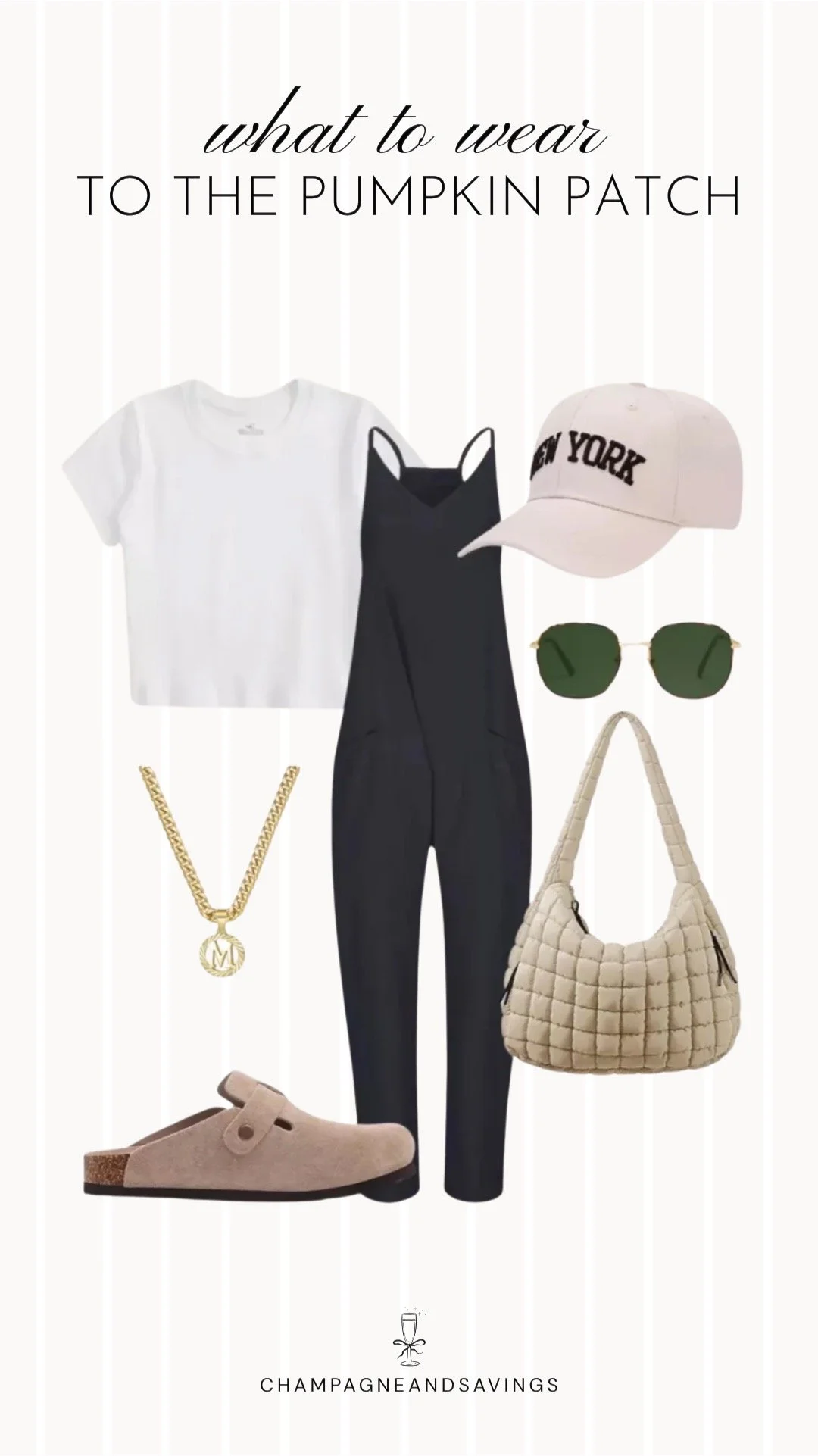 Collage of outfit pieces featuring a black jumpsuit styled with a cropped tee and suede clogs for a casual pumpkin patch outfit idea with a relaxed trendy fall vibe.