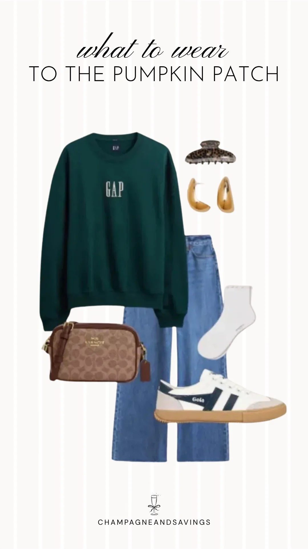 Collage of outfit pieces featuring a green sweatshirt styled with wide leg jeans and retro sneakers for a casual pumpkin patch outfit idea with a comfy sporty fall vibe.