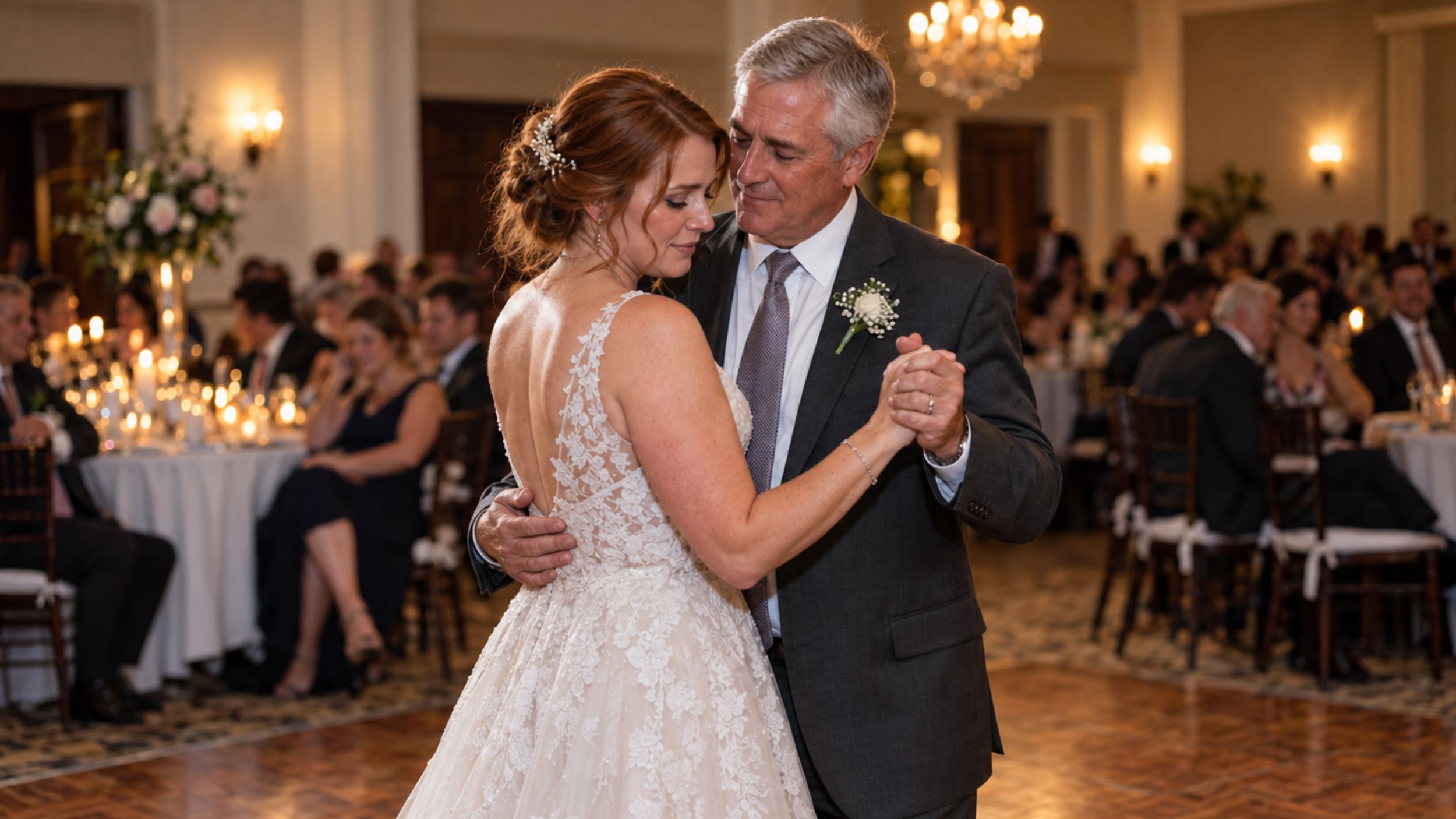 Bride and her father slow-dancing together as guests watch from reception tables.