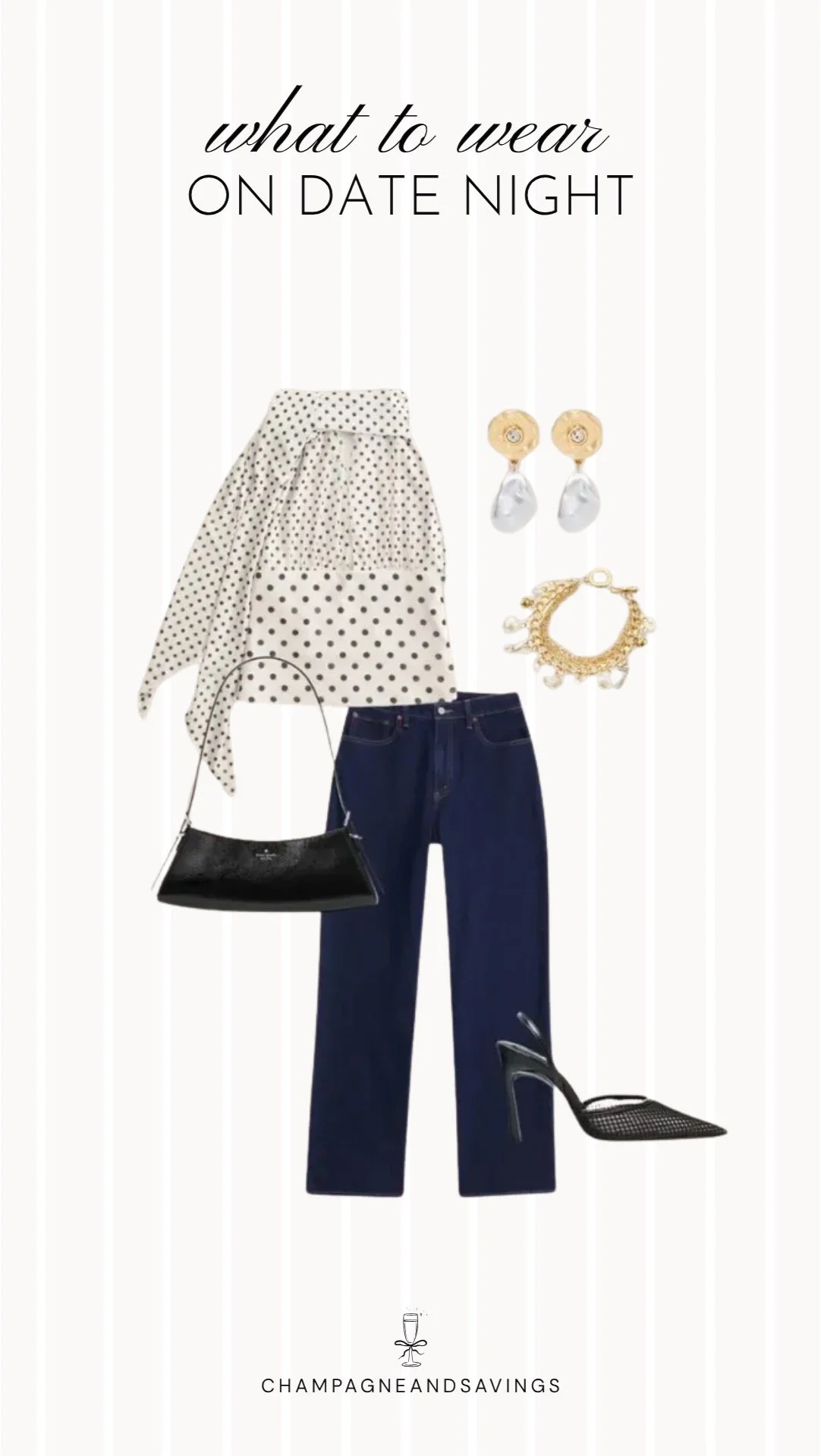 Collage of outfit pieces featuring an asymmetric polka dot top styled with dark wash jeans for a trendy and elevated fall date night outfit idea.