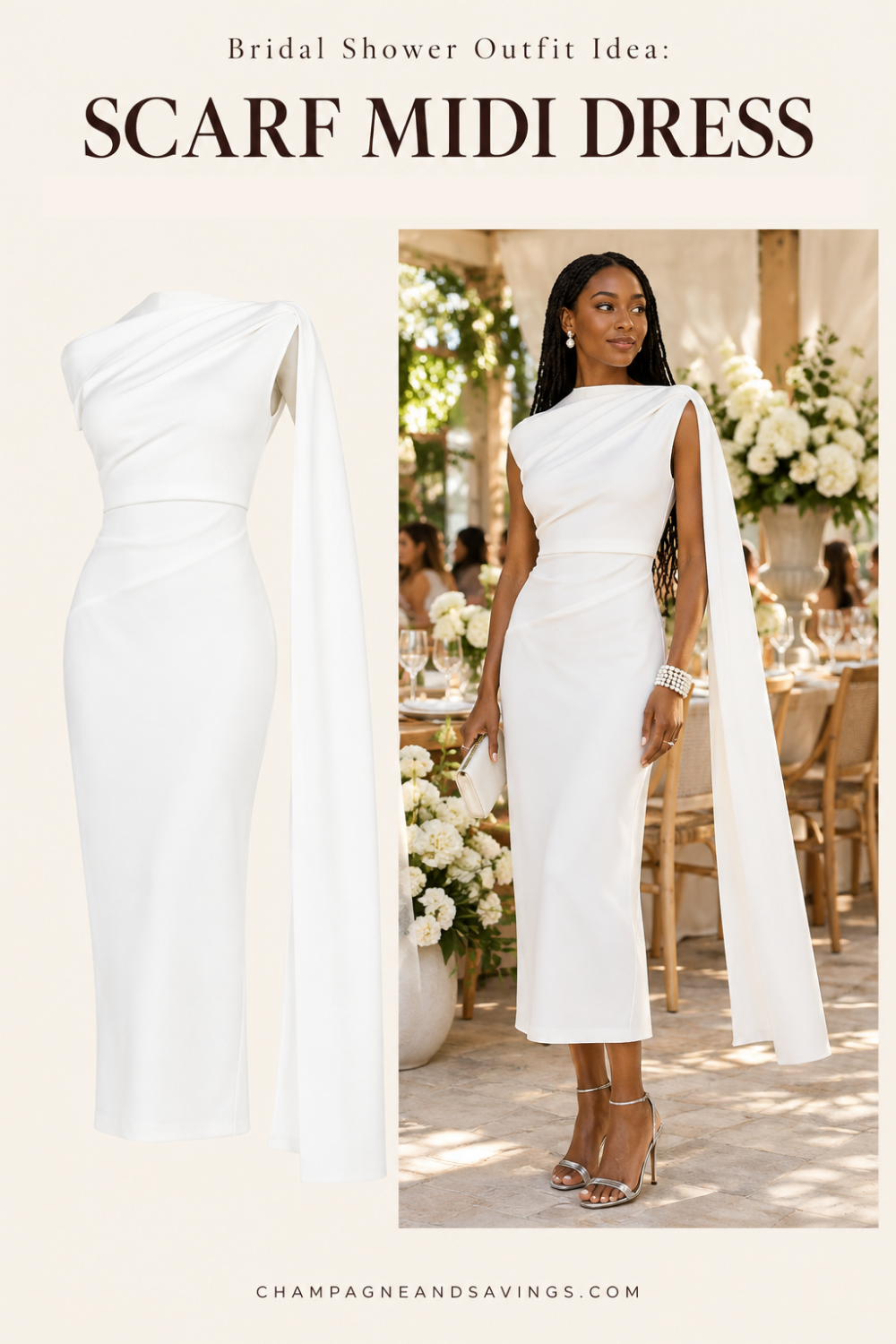 Trendy bridal shower outfit idea featuring a white scarf midi dress, shown alongside a styled bridal look for the bride-to-be.