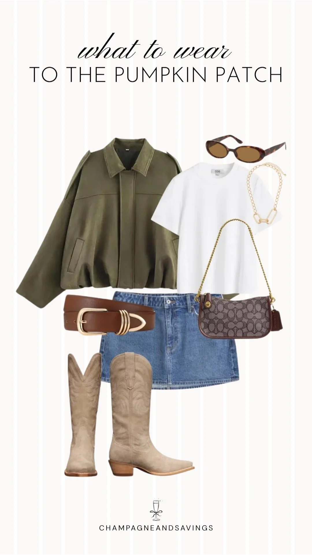 Collage of outfit pieces featuring a green suede jacket styled with a denim mini skirt and tan cowboy boots for a trendy pumpkin patch outfit idea with a chic western fall vibe.