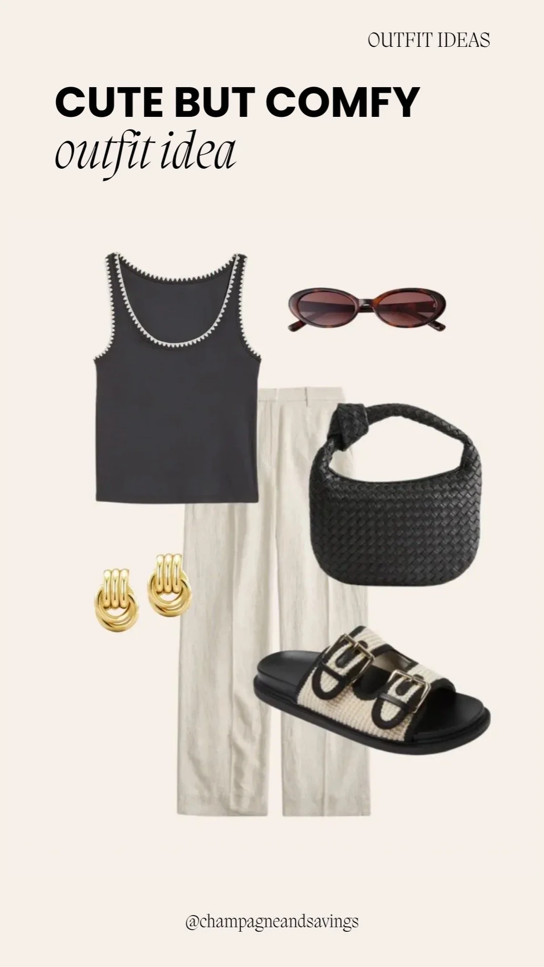 Outfit collage showing a cute and comfy outfit idea with a tank top, linen pants, and slides.