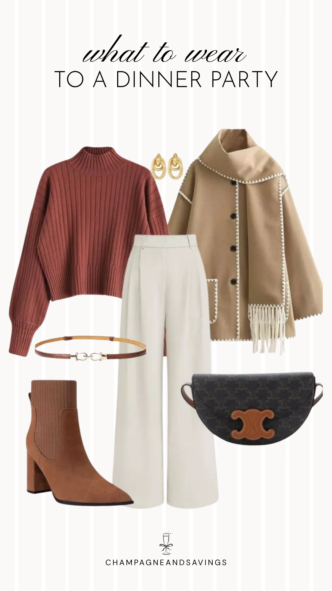 A dinner party outfit idea featuring a rust sweater paired with tailored trousers for a cozy, polished fall look that's perfect for everything from casual gatherings to elegant dinners.