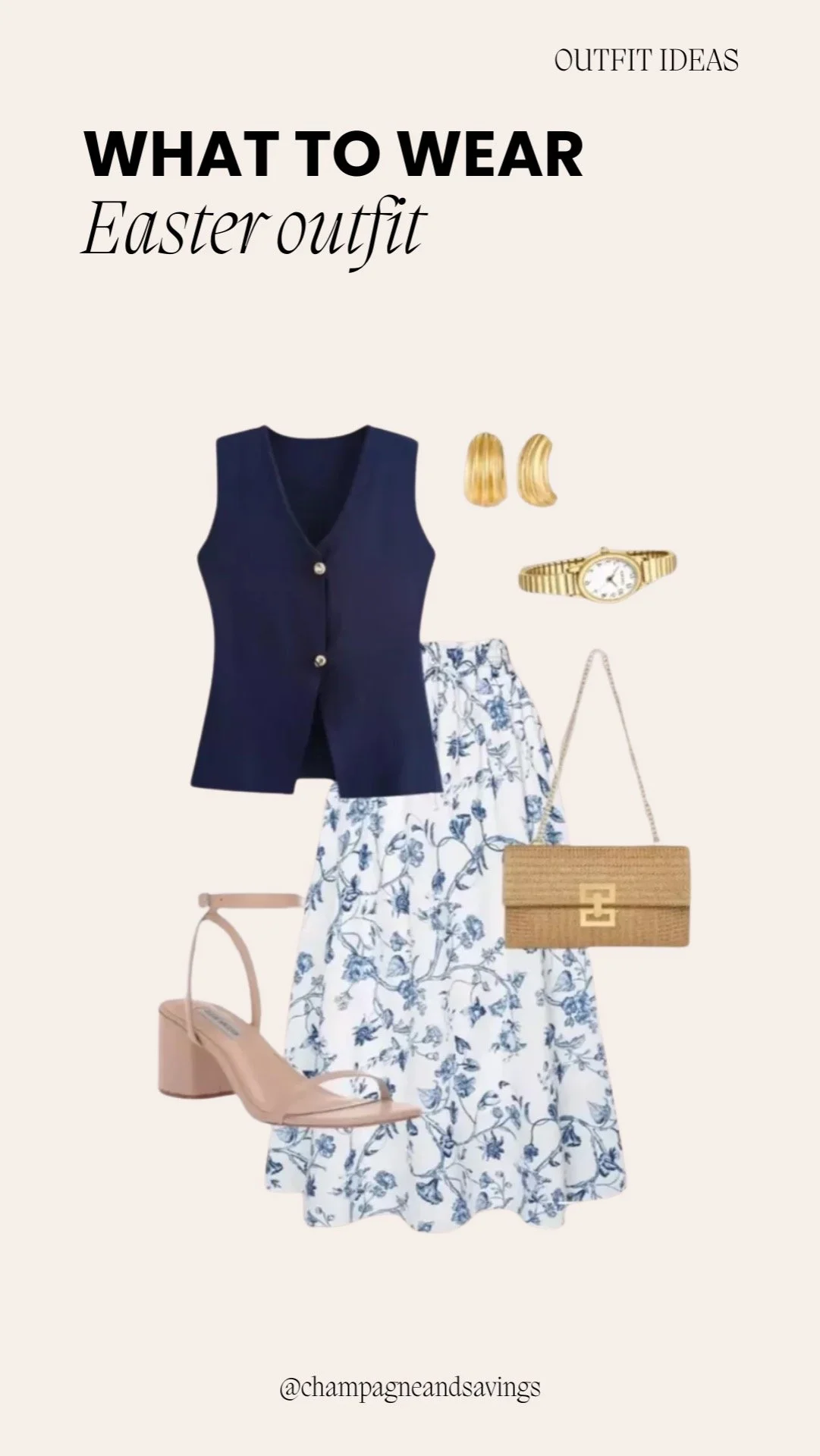 Easter outfit ideas collage showing a navy vest paired with a blue floral skirt and coordinating accessories.