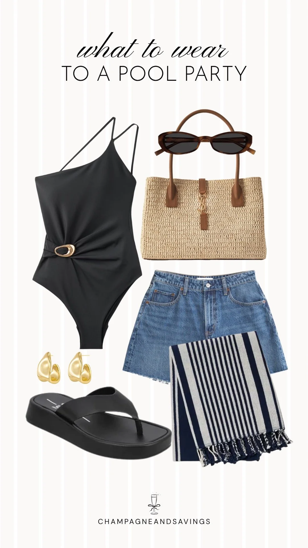 Collage of outfit pieces featuring a black one piece swimsuit styled with denim shorts for a casual and effortlessly cool pool party outfit idea.
